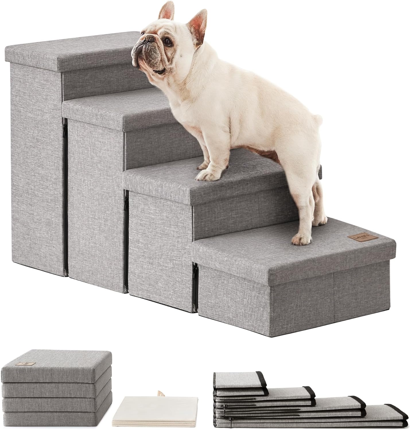 Love's cabin Dog Stairs for Small Medium or Large Dogs with Storage and Adjustable Steps, Foldable Cat Steps for Bed or Couch, 4-Step Gray Folding Ramp with Zip up to 210 lbs, Solid Grey