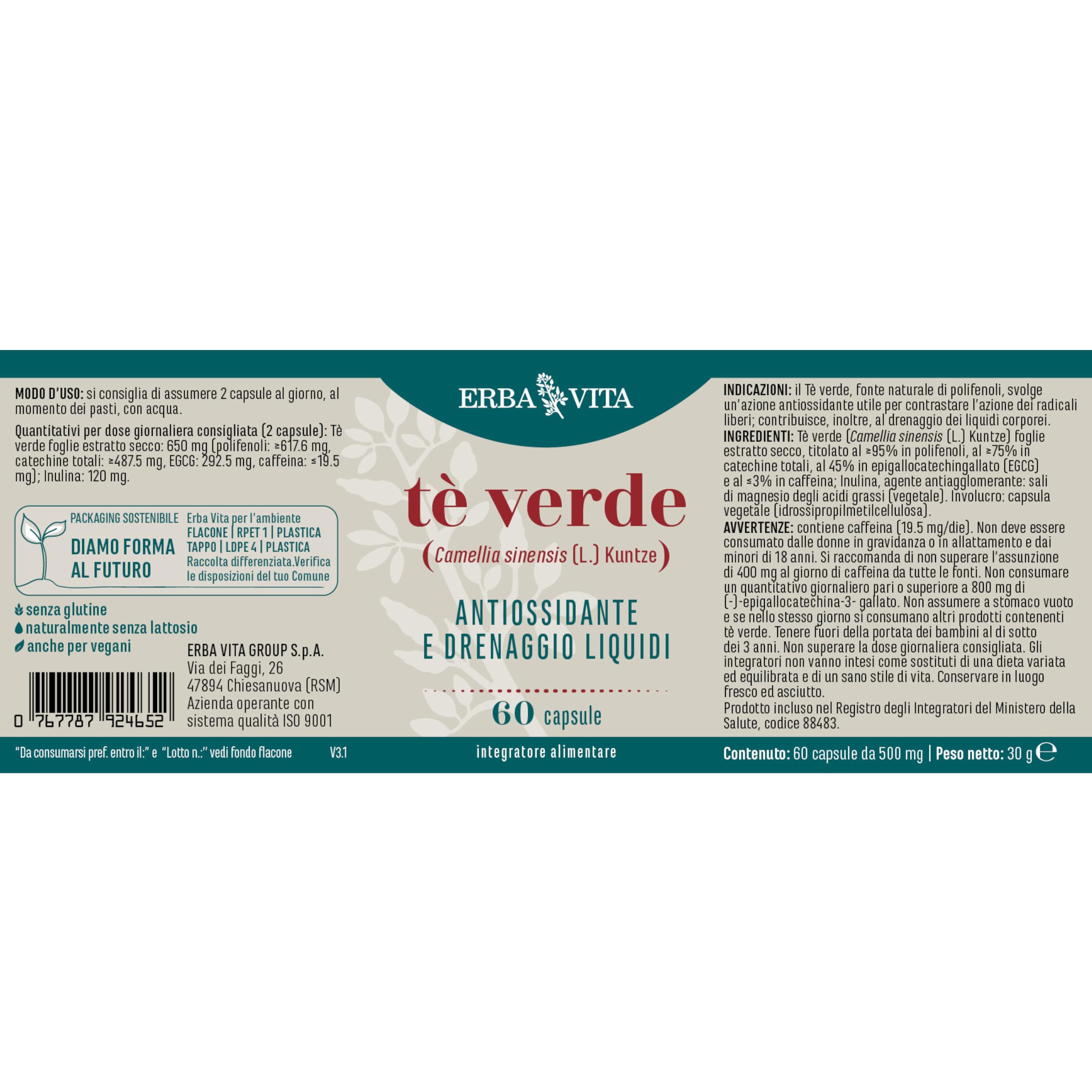 ERBA VITA Integratore Alimentare di Tè Verde - 60 Capsule - Svolge azione antiossidate e contrasta i radixali liberi