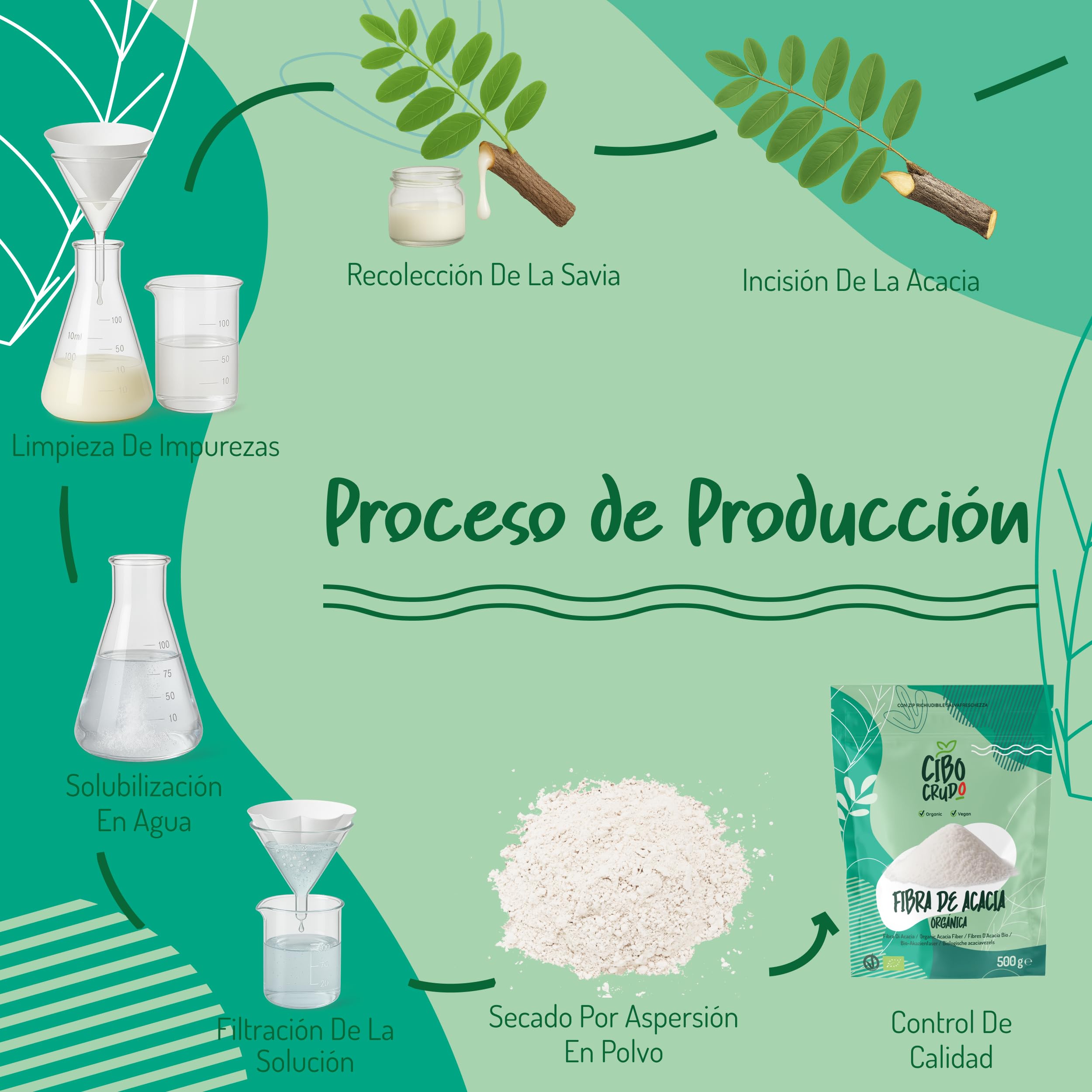 CiboCrudo Fibra de Acacia Orgánica en Polvo - 500g. Alto Contenido en Fibra Soluble Para Adelgazar (85%) Sin Azúcares. Goma Arabiga Dietética Vegana para Dietas Cetogénicas y la Digestión