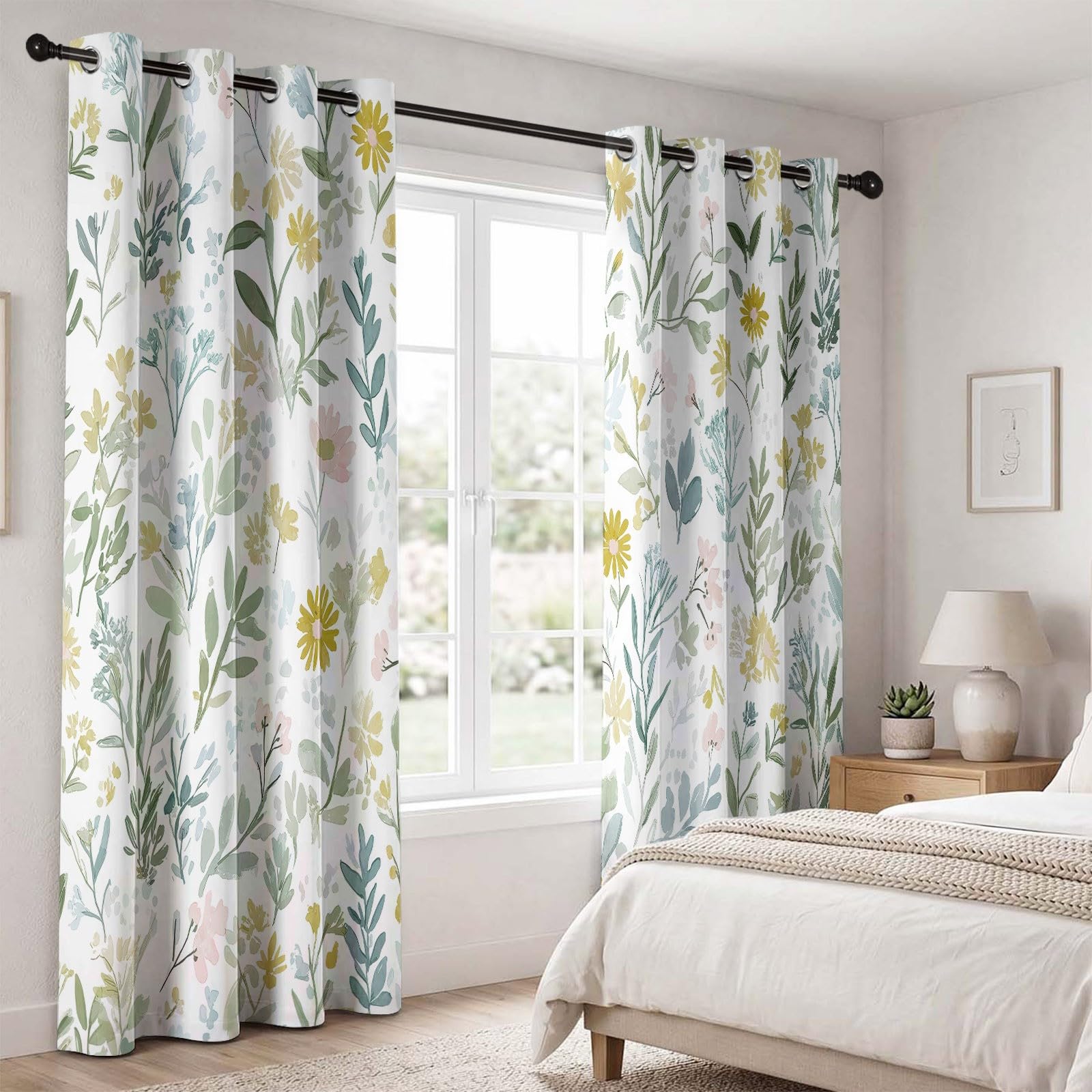 Rideau occultant Motif À Fleur De Fleurs Sauvages, Plantes Et Fleurs Rideaux œillets Isolation Thermique Traitements fenêtre à œillets pour Pépinière, 140L X 260H cm (2 Panneaux), Bleu