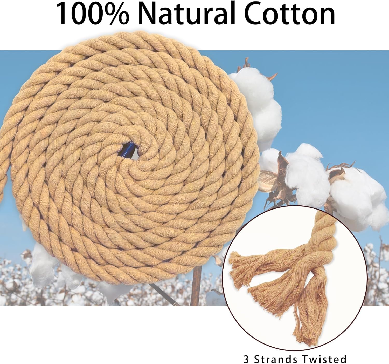 Natural Brown Cotton Rope 3/4 inch × 100 feet - Thick Nautical Rope for Swing, Hanging, Landscaping, Crafts, Tug of War
