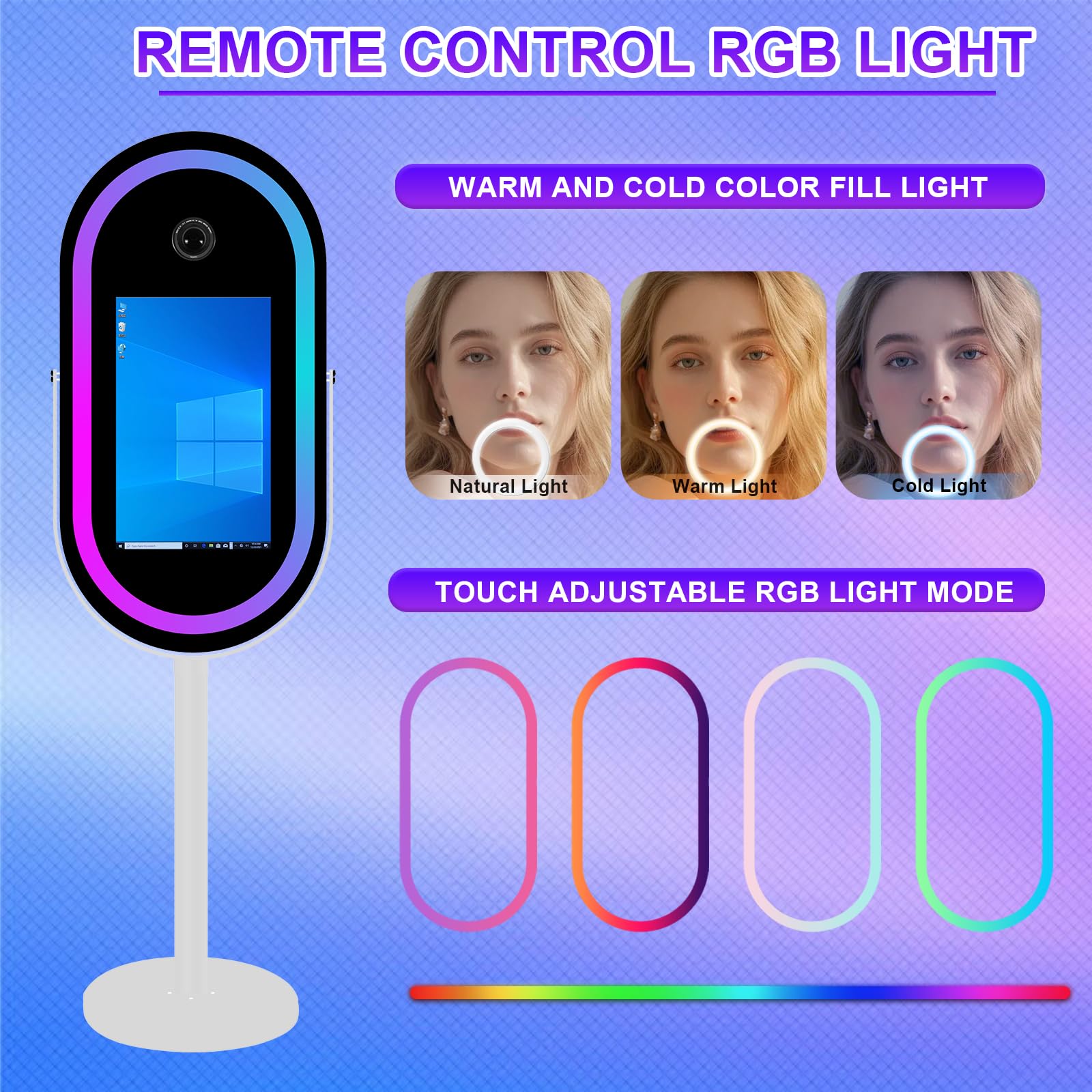 Eliptyczne lustro fotobudka do selfie ramka LED przenośna 54.6 cm ekran dotykowy magiczne lustro budka maszyna na imprezy weselne ze światłem RGB (białe, fotobudka)