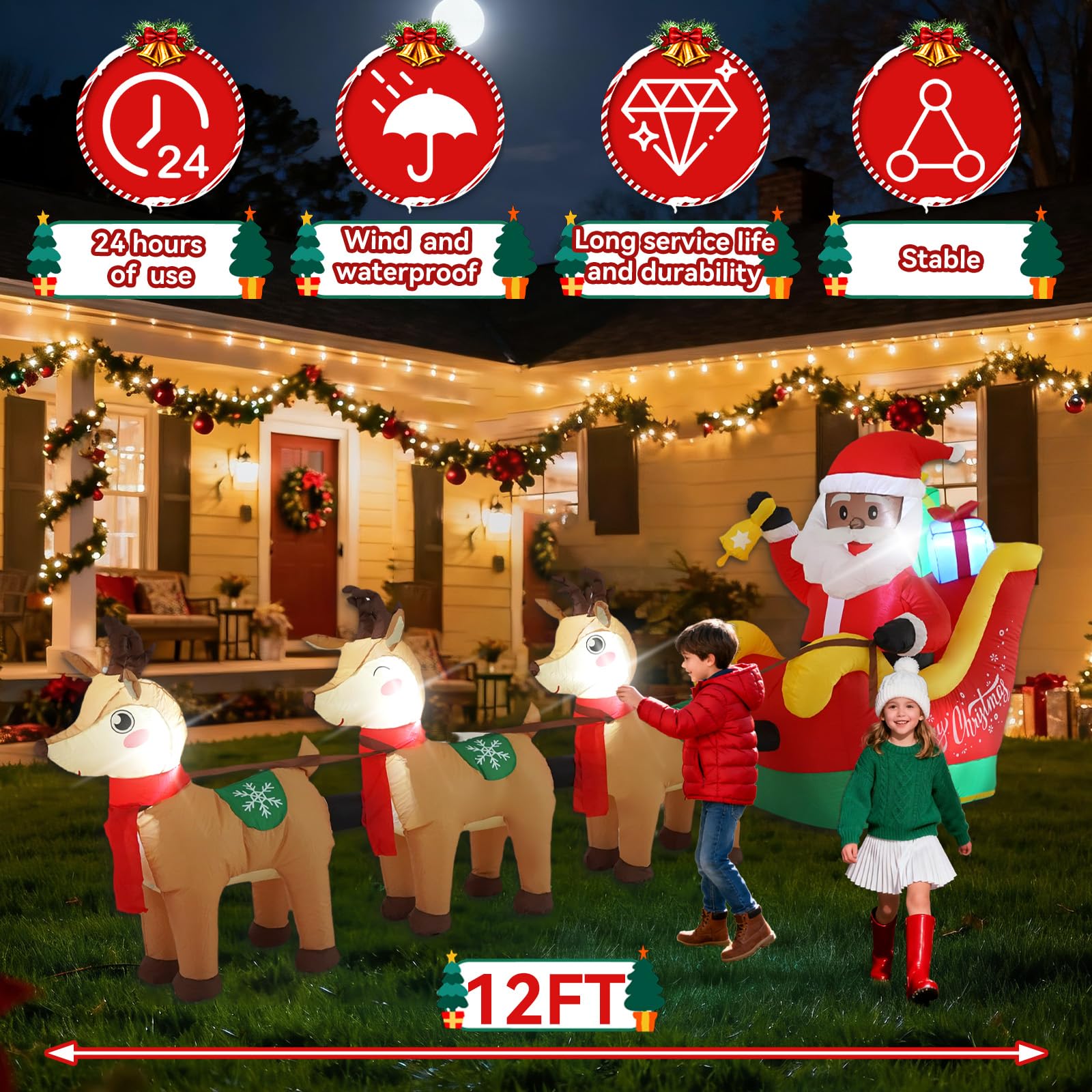 Sanlu Traîneau de Père Noël gonflable d'extérieur avec lumières LED pour décoration de fête de Noël, décoration de jardin d'hiver, 3,7 m