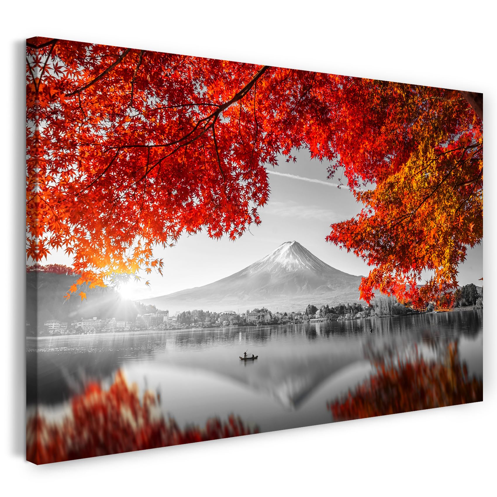 Print on Canvas (100x70 cm) mountain by the lake, tree with red maple leaves - nature photography, landscape, real wood frame with hook