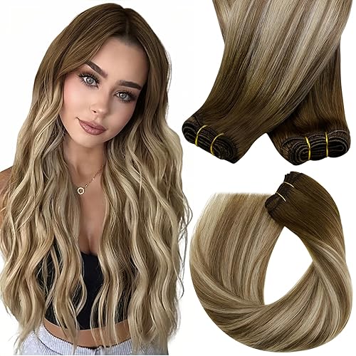 Sunny Hair - Extensiones de cabello humano degradado para coser, balayage, color marrón oscuro, mezcla de castaño claro, mezcla de rubio,