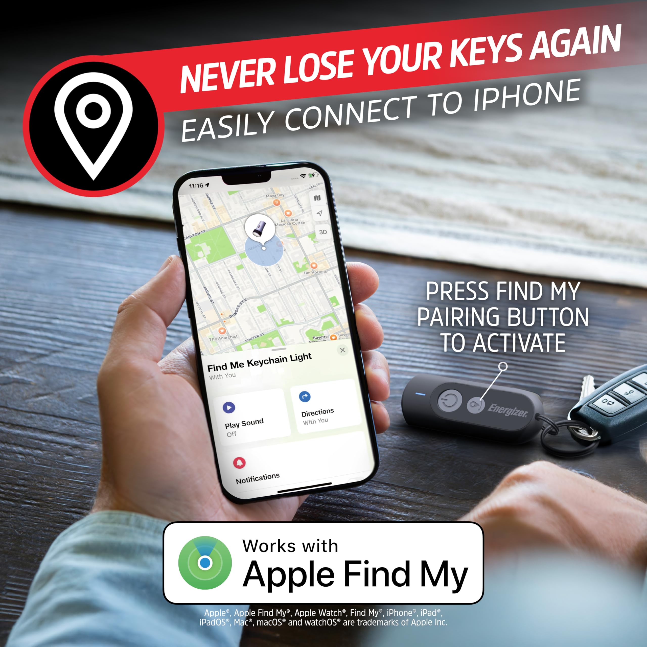 Energizer Localisateur de clés Find My Key Finder avec lumière, Bluetooth - Compatible avec Apple Find My, localisateur d'articles pour clés, Sac et Sac à Dos