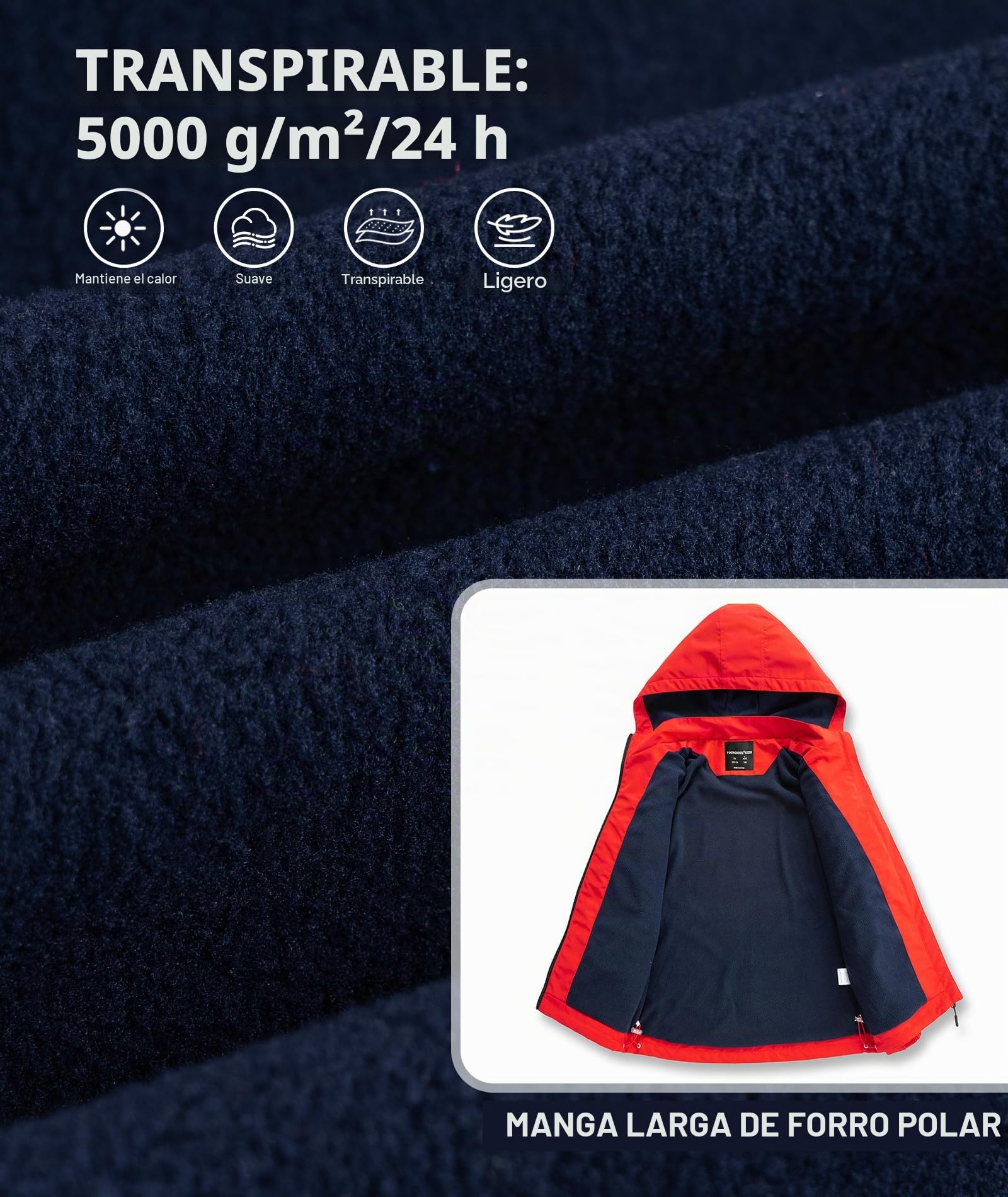 YoungSoul Abrigos impermeables para niño a prueba de viento con forro polar para niña, chaqueta de lluvia con capucha extraíble