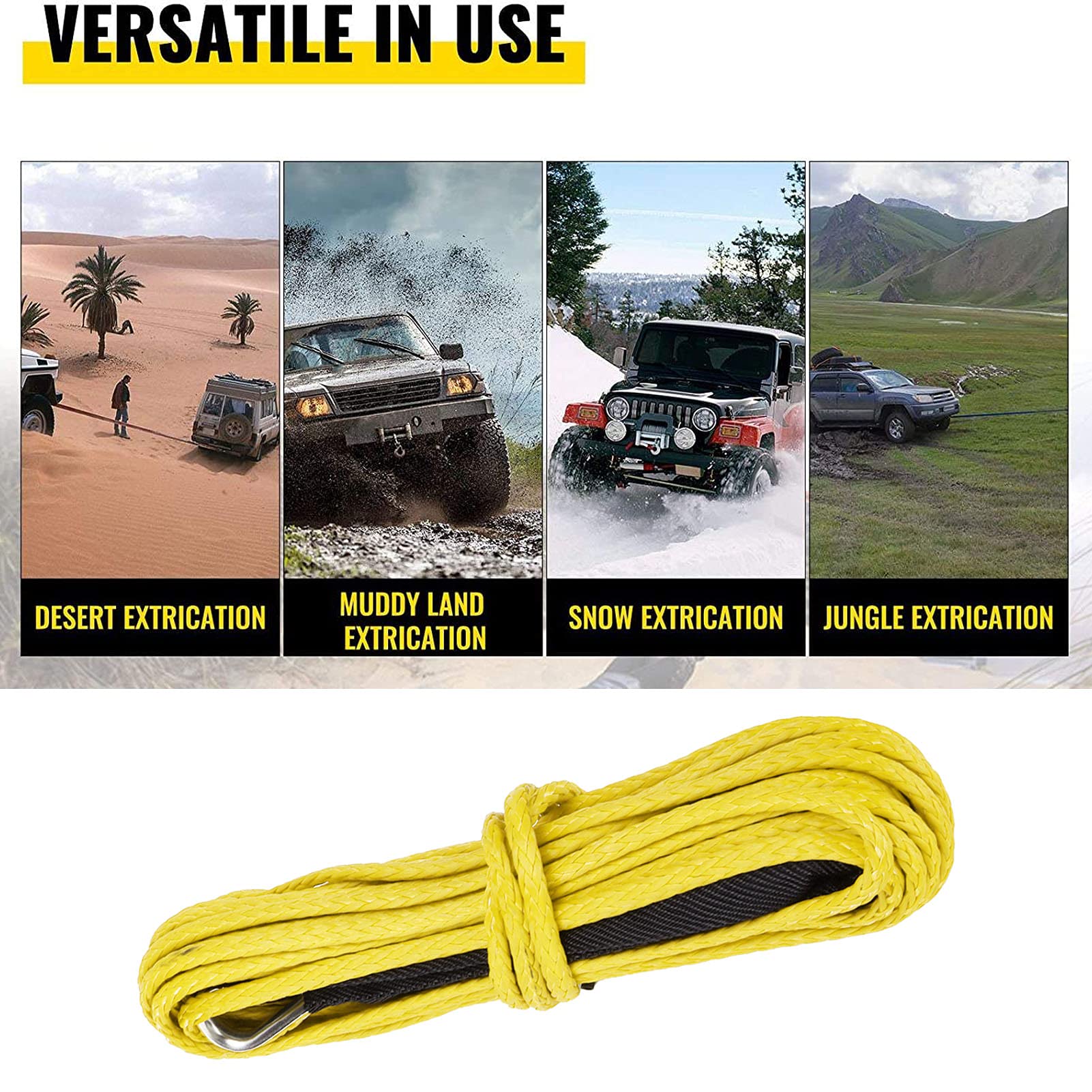 Wakects Corde de Treuil Synthétique en Nylon, 6 mm x 15 m, 7700 Lbs, pour Voitures, Tout-Terrain et Mini Camions, Jaune
