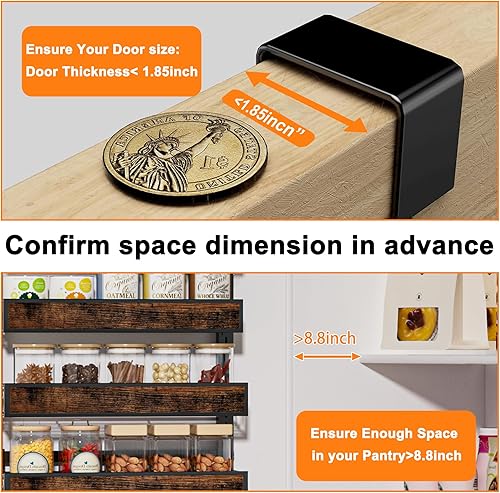 Miniatura 5 de Orangizador de despensa sobre la puerta, 8 niveles montado en la pared o sobre la puerta con cesta de madera ajustable, estante de almacenamiento de