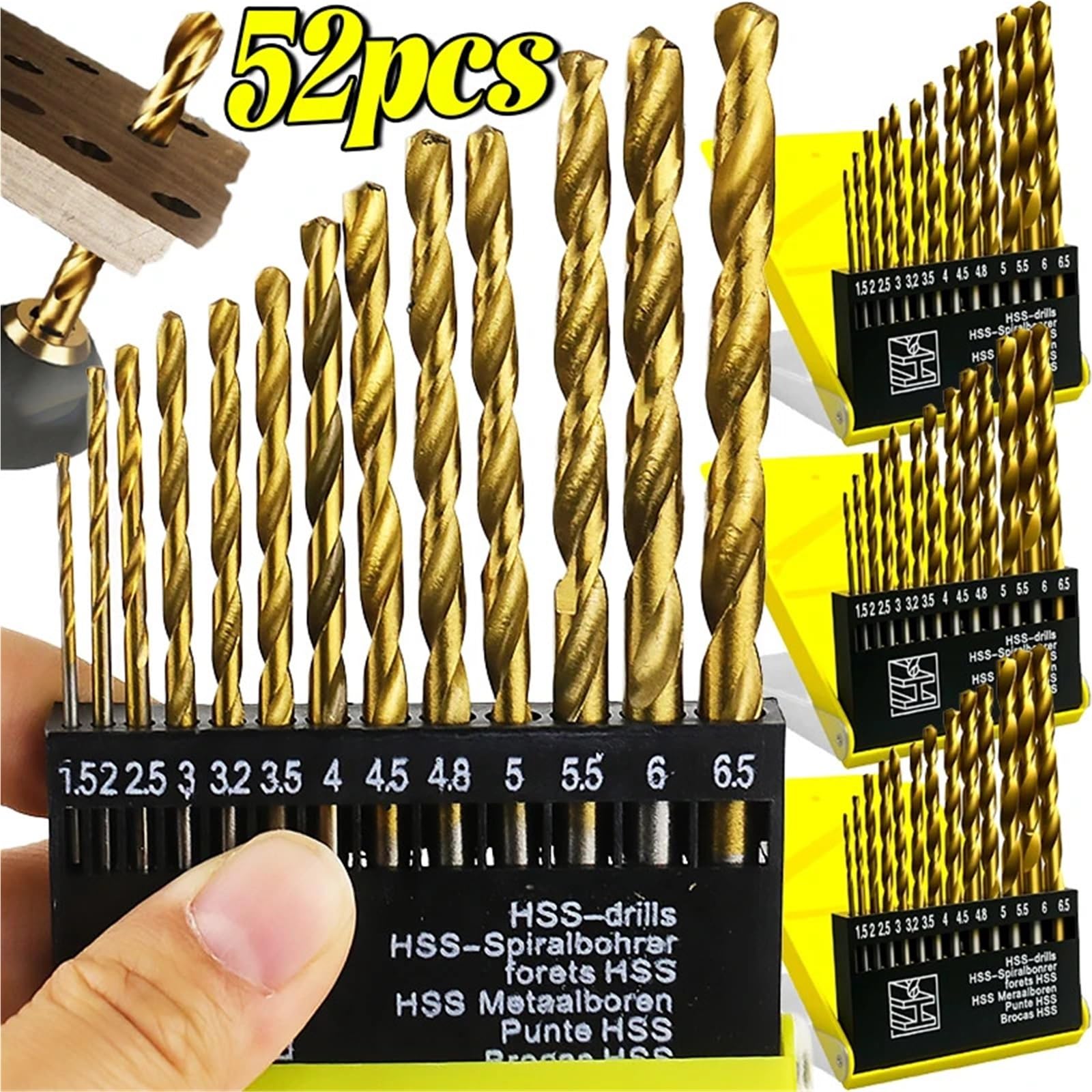 Juego de brocas para taladro rotativo Mini broca helicoidal de acero for cojinetes, for metalurgia endurecida, hierro, inoxidable, cortador agujeros for carpintería, kit Jobber(52pcs- (4boxes))