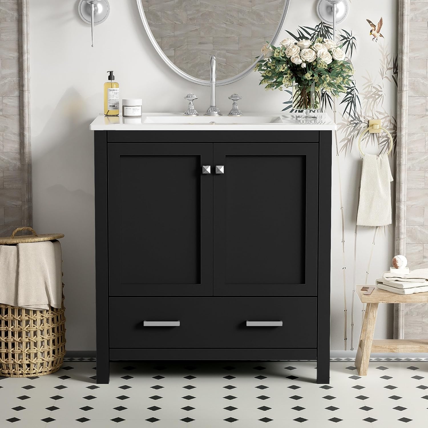 Dancongtea 30" Bathroom Vanity with Sink, Black Freestanding Vanity Cabinet with Soft Close Doors and Storage