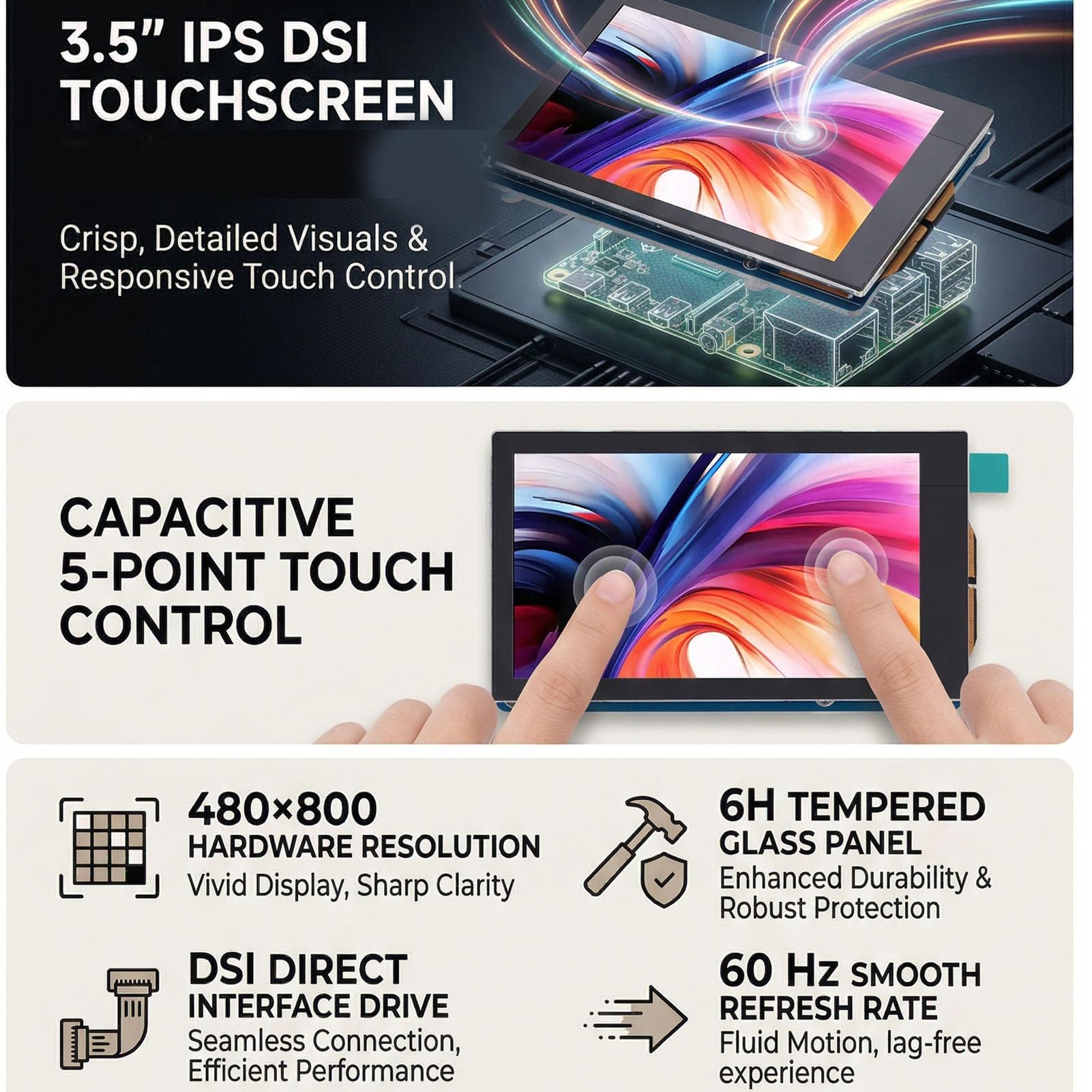Jectse 3,5-calowy Pojemnościowy Ekran Dotykowy DSI, rozdzielczość 480x800, 5-punktowy Dotyk dla Rasp Pi, CM5, 4B, CM4, 3B+, 2B, A+ ze Szkłem Hartowanym