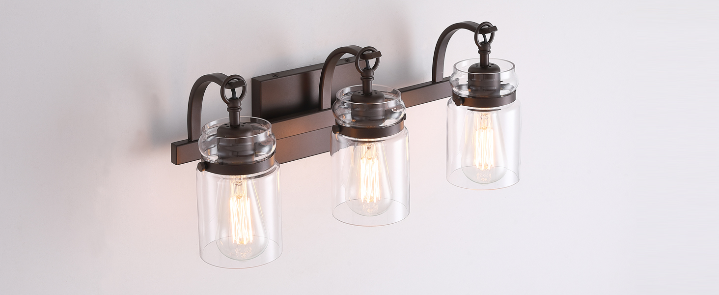 Image of 3 Light Bathroom Vanity Light, Oil Rubbed Bronze Bathroom Light Fixtures Over Mirror, Farmhouse Vanity Light with Clear Glass Shade