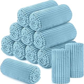 Buryeah 12 Pcs Flannel Throw Blanket Bulk 50 x 60 Inch Sleepover Blankets Wedding Throw Soft Lightweight with Striped Ribbed for Sofa Room Couch Donation Homeless Gifts (Teal) - Buy now