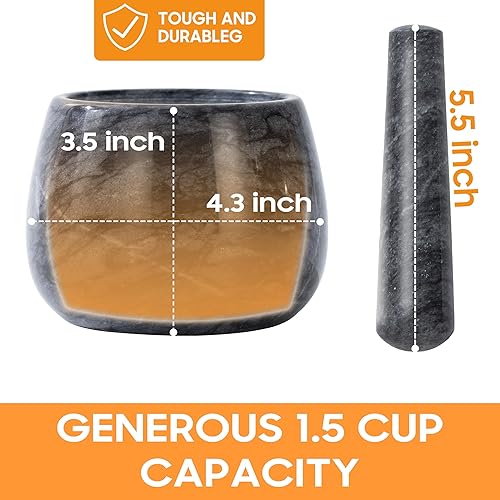 Miniatura 2 de Mortero y mortero de alta resistencia, mortero de mármol natural, molinillo de hierbas para preparar guacamole fresco, salsa, pesto y piedra, 1.5