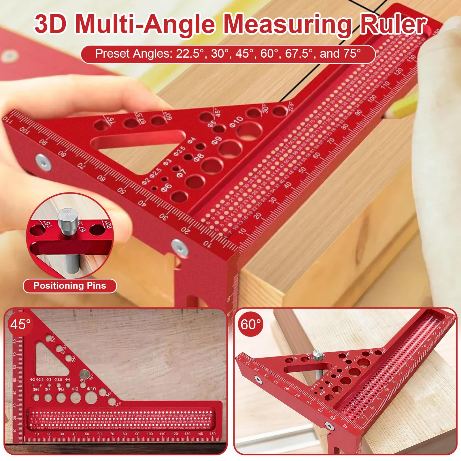 Angolo di inclinazione 3D, angolo di combinazione 22,5 – 90° in lega di alluminio, velocità quadrata ad alta precisione, angolo di falegnameria con 11 fori, intaglio, trapano e strumento di