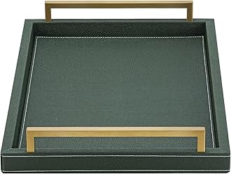 Green Decorative Serving Tray,Rectangular Tray for Coffee Table,Faux Leather Serving Tray with Handles for Ottoman,Shagreen Leather Tray for Bathroom