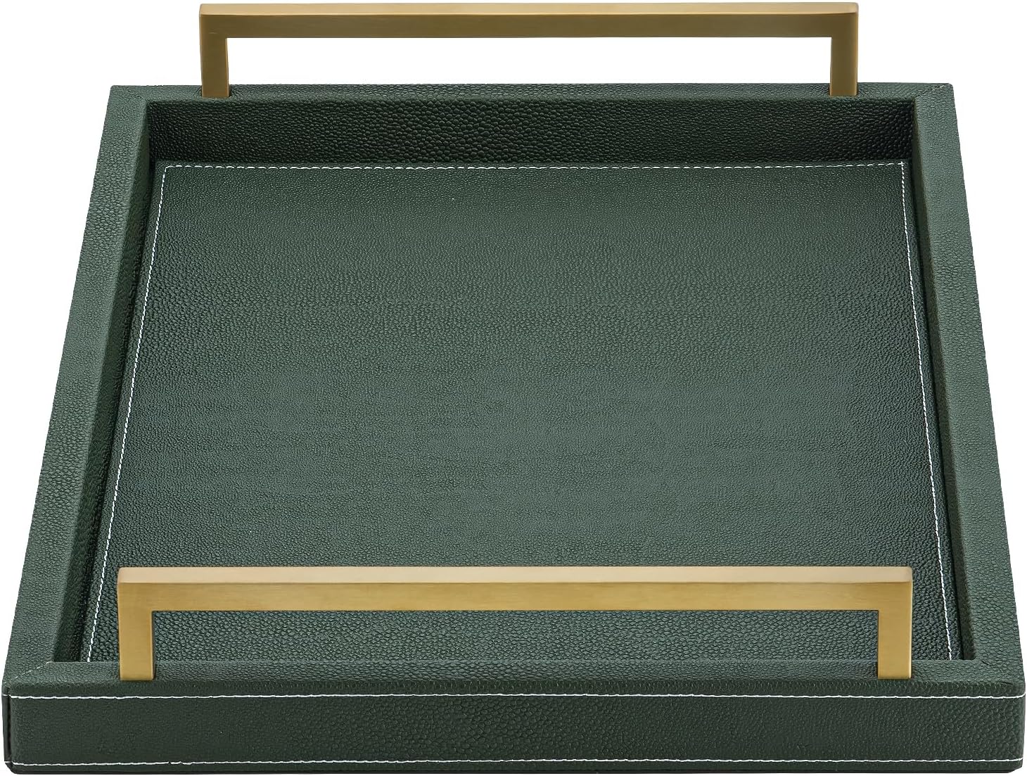 Green Decorative Serving Tray,Rectangular Tray for Coffee Table,Faux Leather Serving Tray with Handles for Ottoman,Shagreen Leather Tray for Bathroom