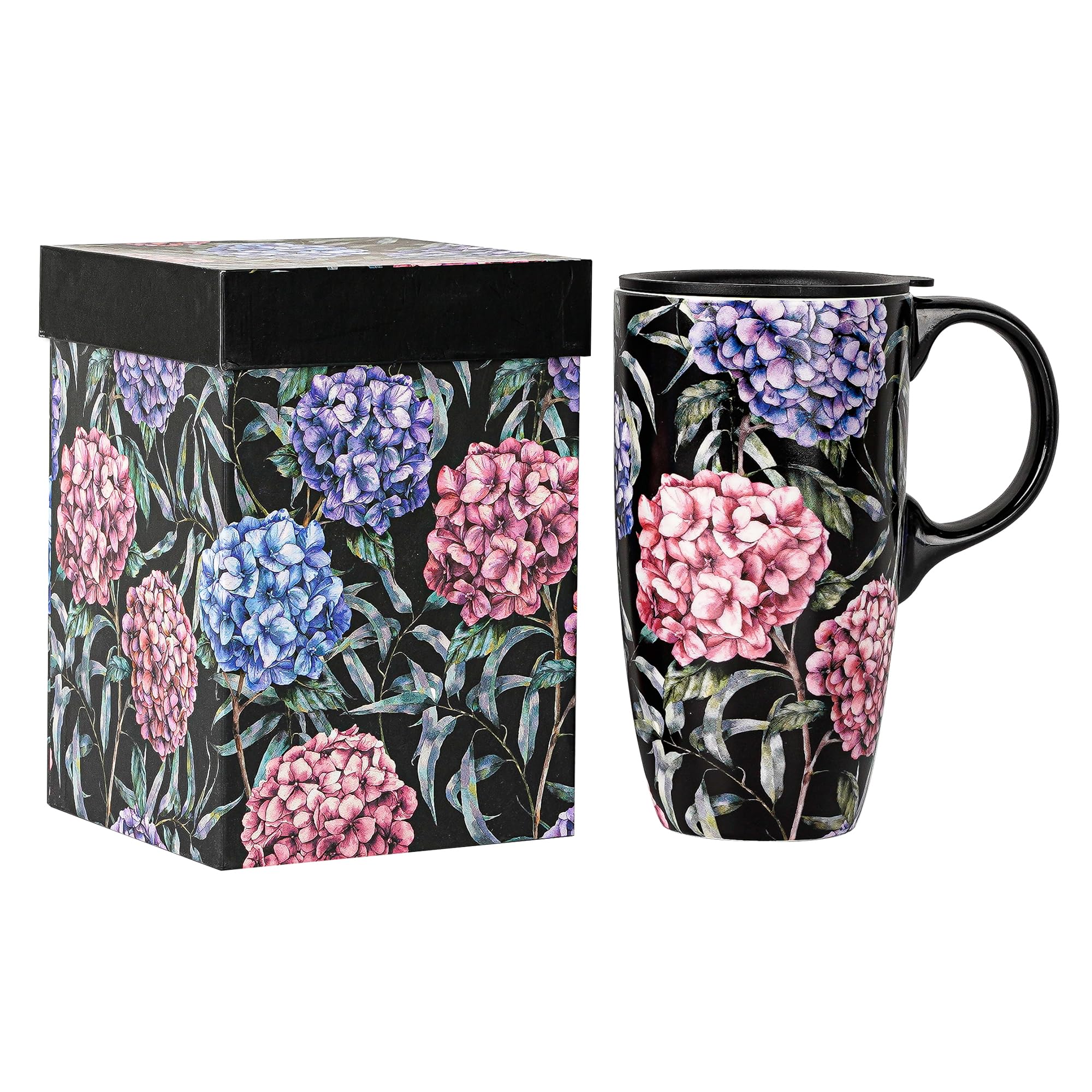 DUSVALLY Leak-Proof Ceramic Travel Mug 17oz - Hydrangea Coffee Cup with Secure Lid, Porcelain Latte Tea Cup with Elegant Gift Box