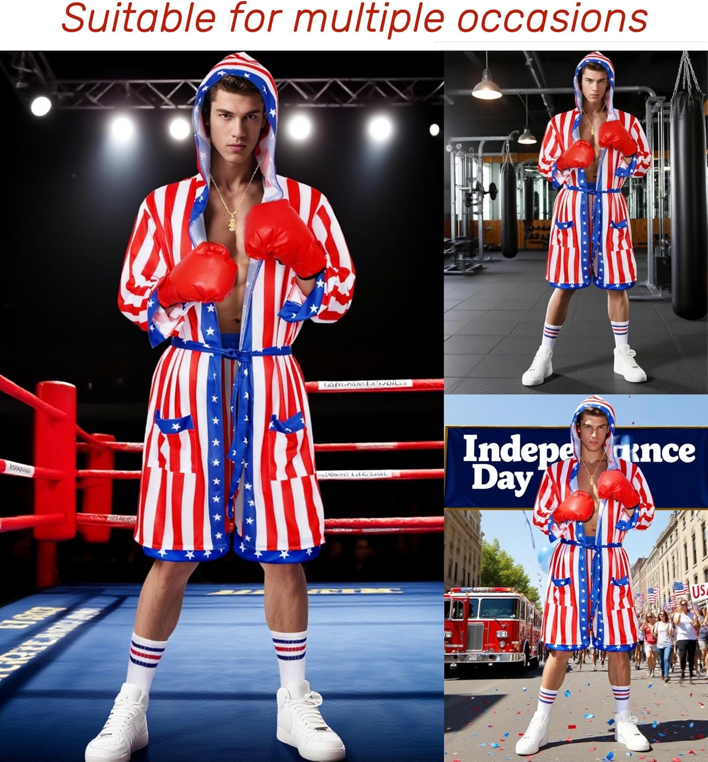 Mens American Flag Boxing Costume 6PCS Outfits Boxer Robe Shorts Belt Stockings Necklace and Boxing Gloves Stain (Medium)