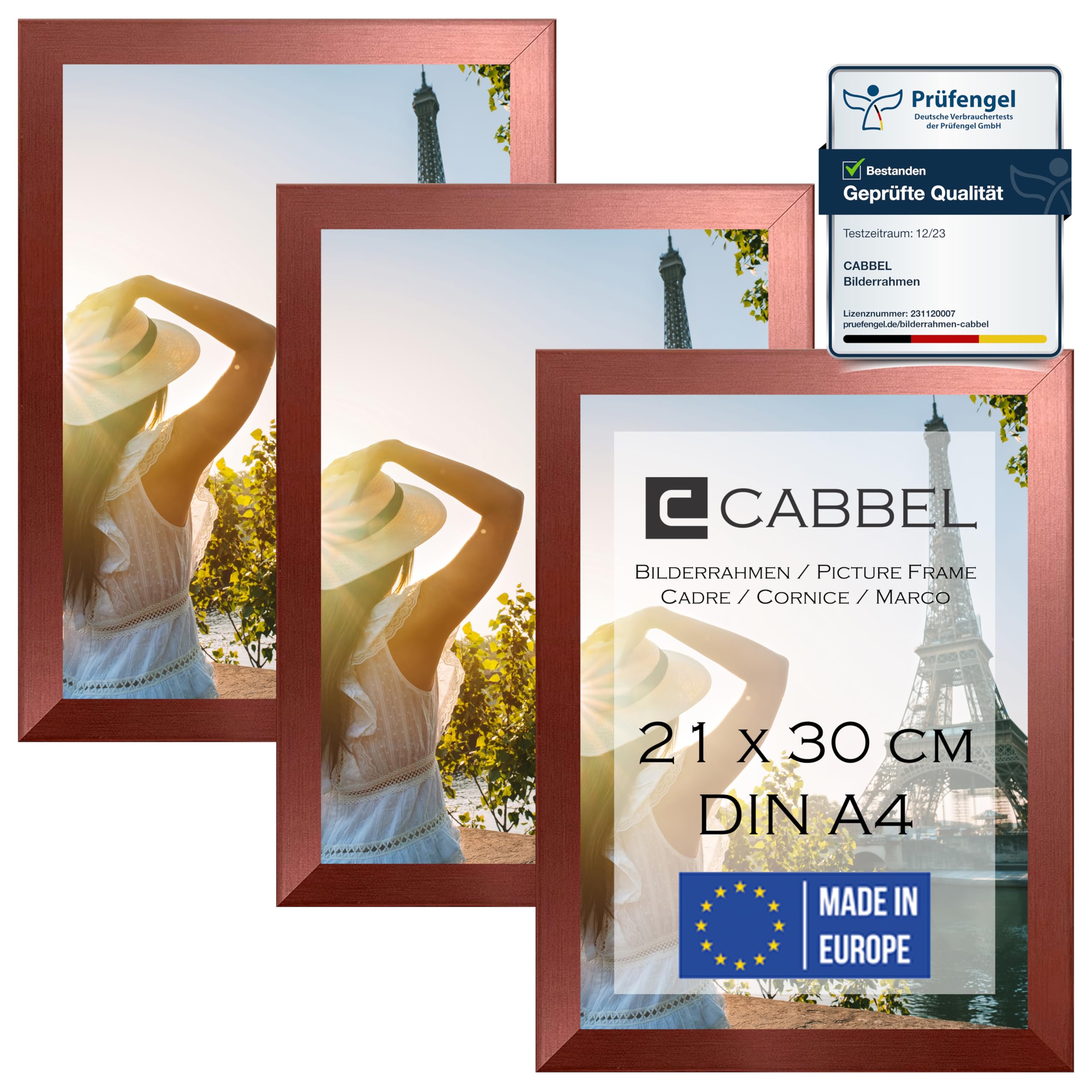 CABBEL Dreierpack (3 Stk.) Bilderrahmen DIN A4 21x30 MDF Holz-Rahmen in Rose Gold | mit bruchsicherem Plexi-Glas/Modern