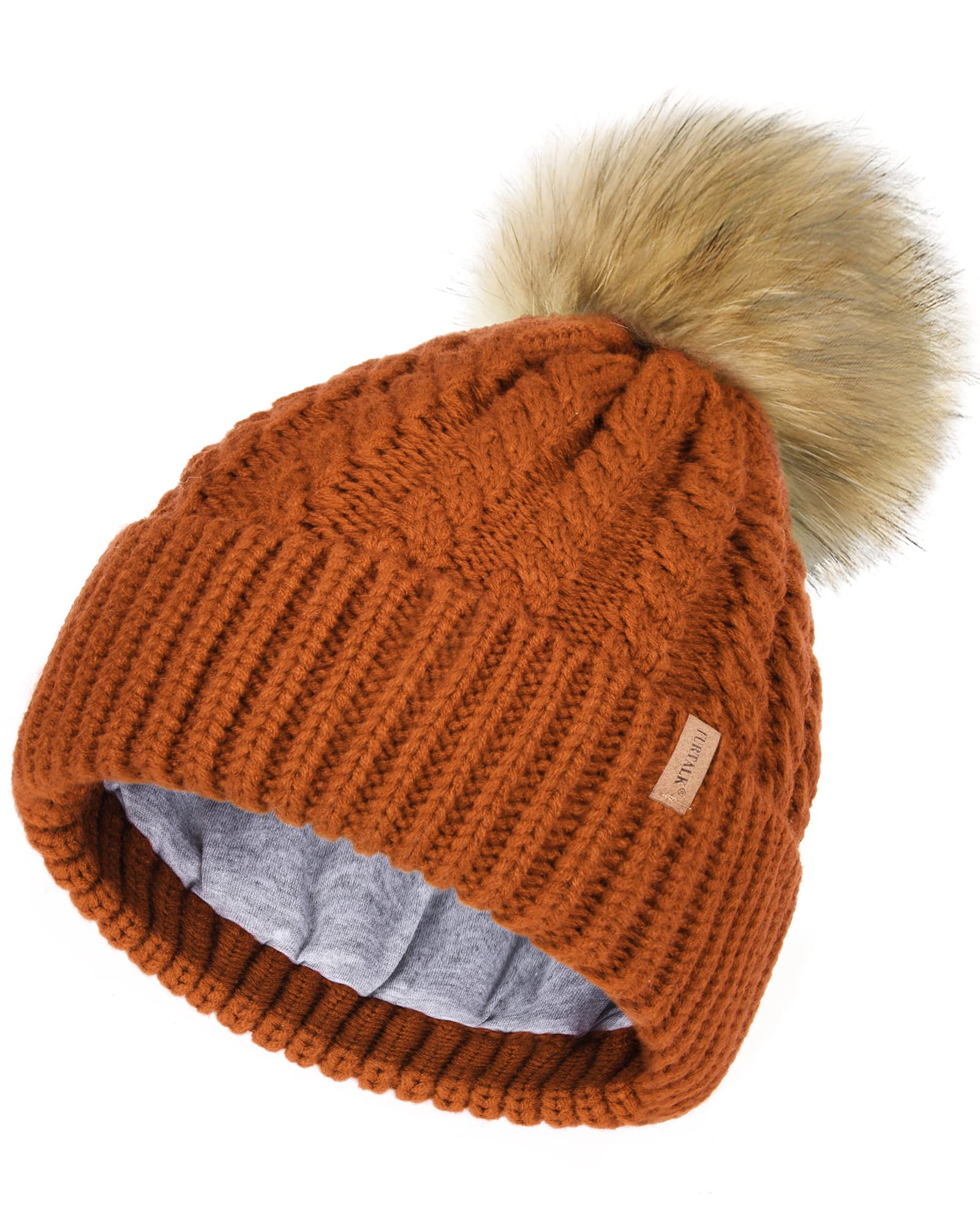 Furtalk Women's * Coffee Beanie Hat For Men Cable Knitted Bobble Winter Hats Warm Double Layer Fleece Lining Pom Pom Wooly Cap