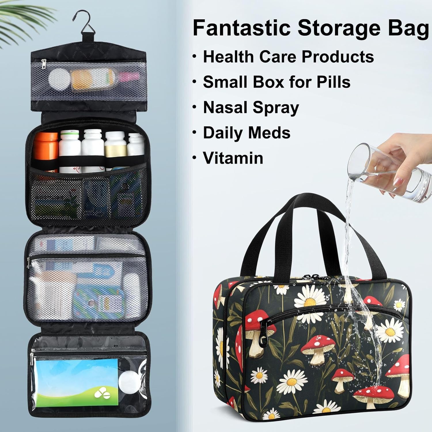 Fustylead Watercolor Amanita Mushrooms and Daisy Travel Pill Bottle Organizer Large Home Storage Medication Bag with Zipper for Vitamins, First Aid, Fish Oil, Medical Supplies