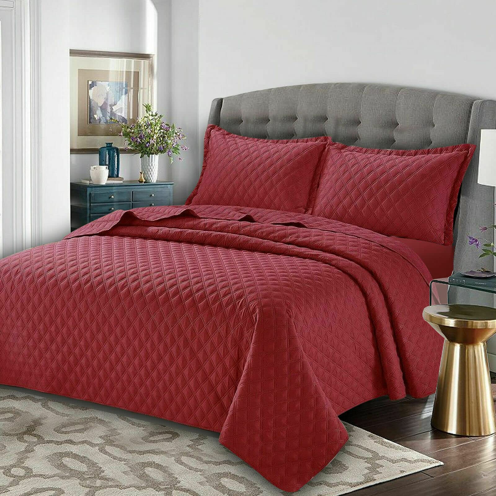Best Linen Quilted Bedspreads Bed Throw 3 Pcs Embossed Coverlet Bedding Set Includes 1 Comforter & 2 Pillow Cases (King, Inspiration Red)