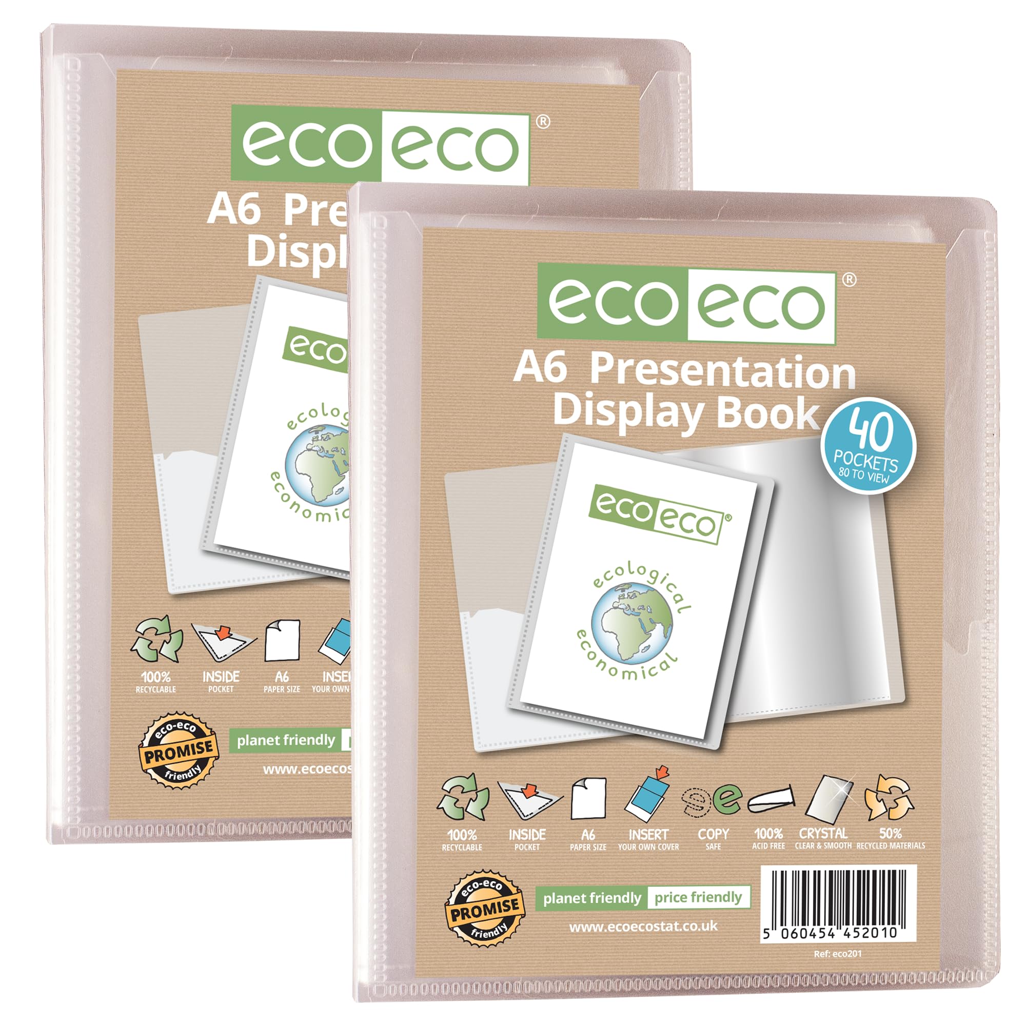 eco-eco A6 Size 50 Percent Recycled 40 Pocket Clear Presentation Display Book, Storage Case Portfolio Art Folder with Plastic Sleeves, Pack of 2 Folders, eco201x2