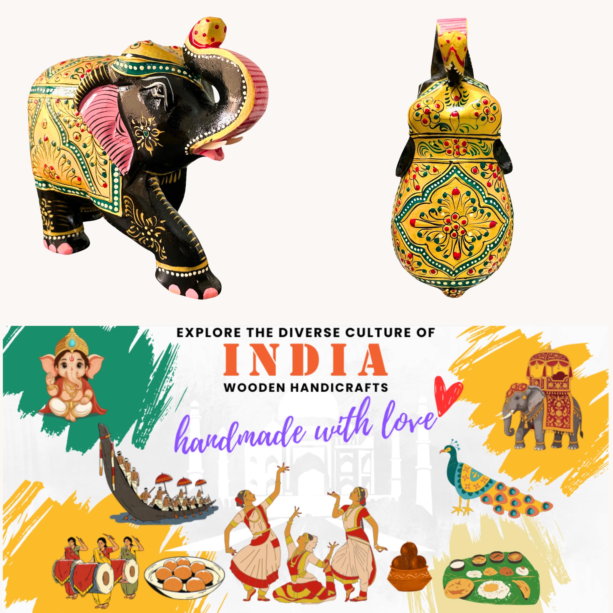 Elefante ornamentale realizzato a mano in legno, di lusso, tradizionale, portafortuna, statuetta decorativa per la casa, per soggiorno, ufficio e regali (oro e verde) (grande, 12,7