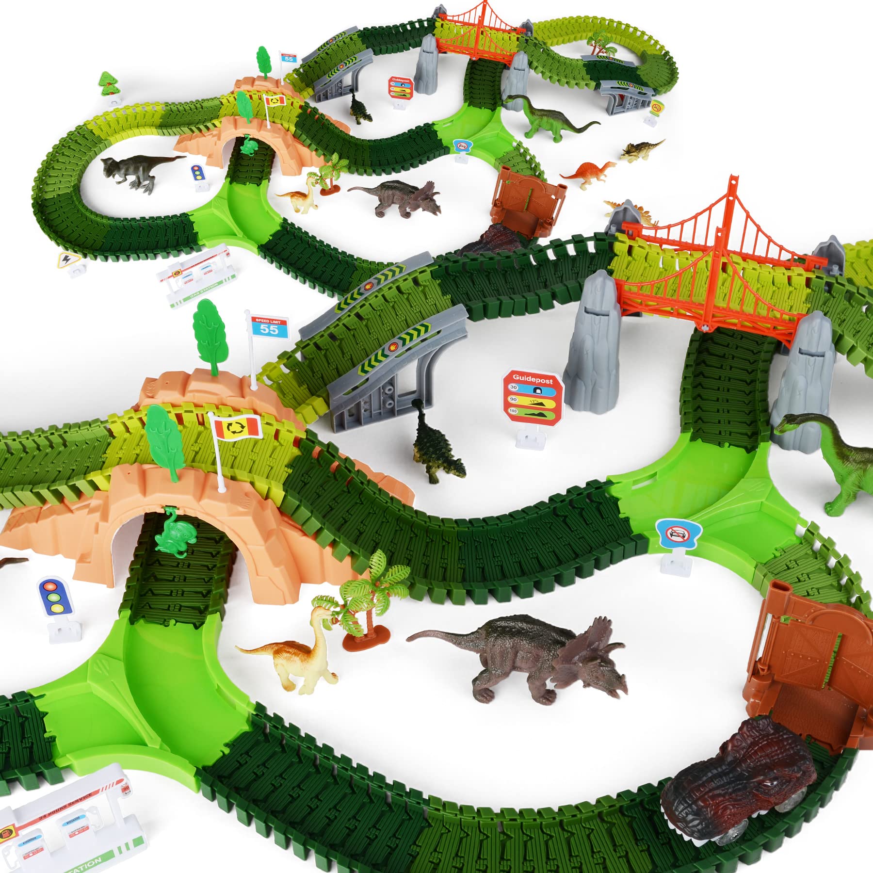 Meryi Dinosaur Toys,Create A Dinosaur World Road Race,Flexible Track  Playset and Cool Dinosaur car for Year Up Old boy Girls Best Gift