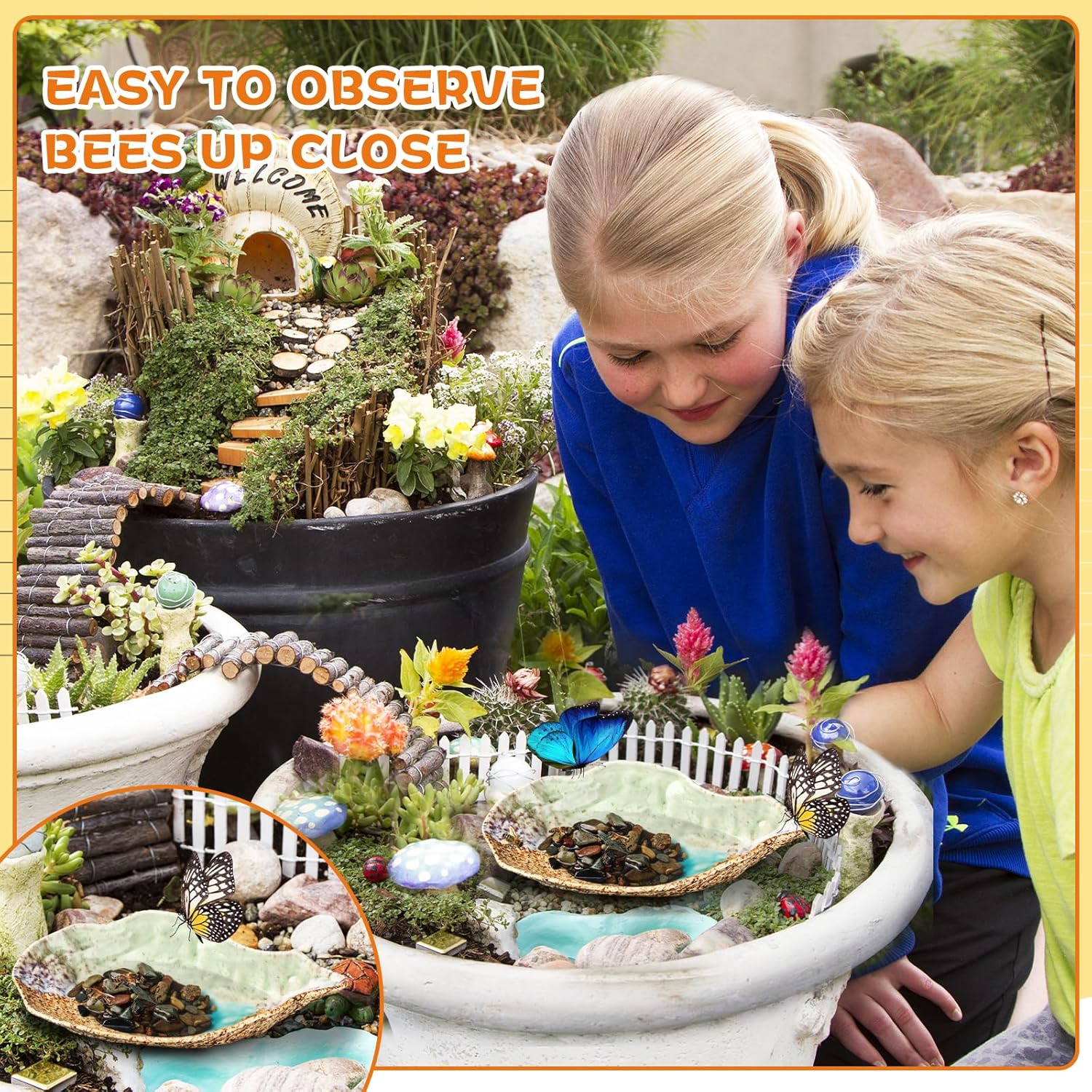 DoubleFill Butterfly Watering Station Outdoor Bee Feeder Watering Butterfly Puddler Stone with Mineral River Rock, Lawn Decoration Insects Ceramic Bowl, Bee Water Station Home Yard Garden