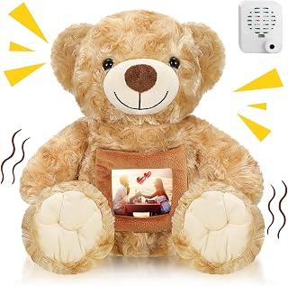 Bear with Voice Recording Remembrance Stuffed Animal with Picture Recordable Messages Memorial Toy for Operation Christmas Bulk Baby Shower Birthday Gift, Recording Gifts(14 Inch,Brown)