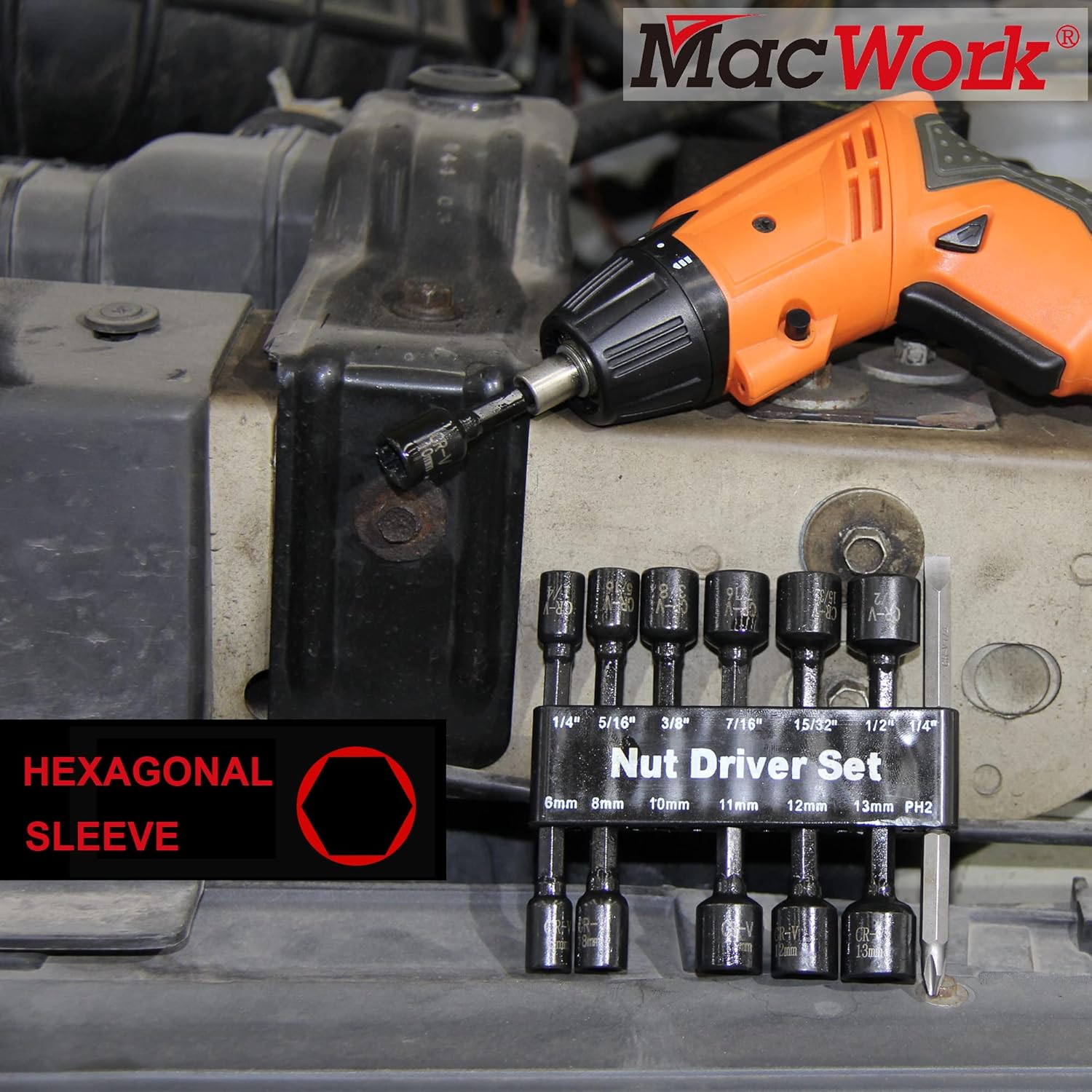 MacWork 14PCS Magnetic Hex Nuts Driver Set for Impact Drill, CR-V Steel, SAE 1/4" to 15/32", Metric 6mm to 13mm, 1/4" Hex Shank Drill Bit Set Screwdriver Socket Set
