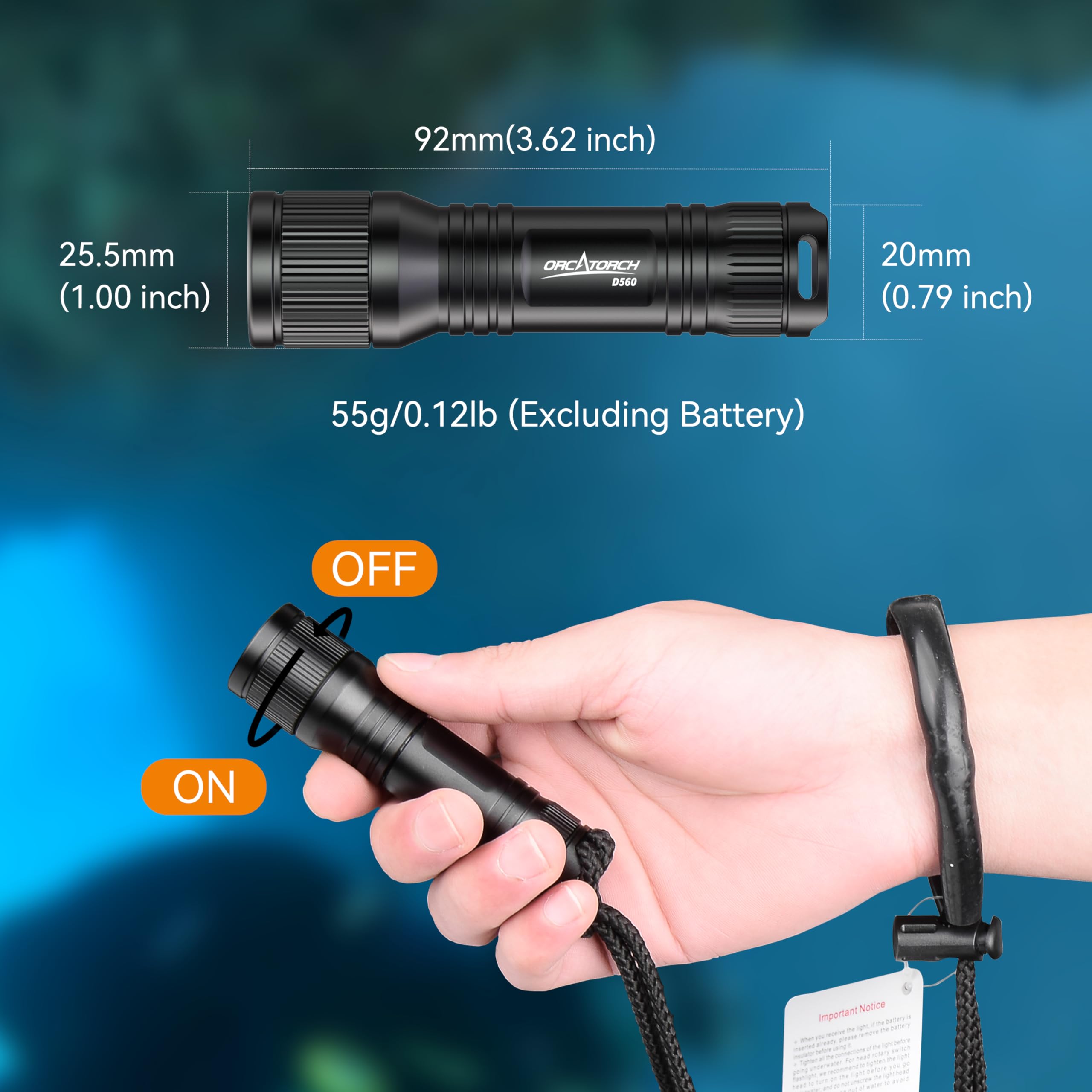 ORCATORCH D560 Mini Lampes de plongée 650 Lumens avec Clip de Masque Rotatif à 360°Lampe de Secours Submersible 150m avec Commutateur Rotatif (Masque de Plongée Non Inclus)