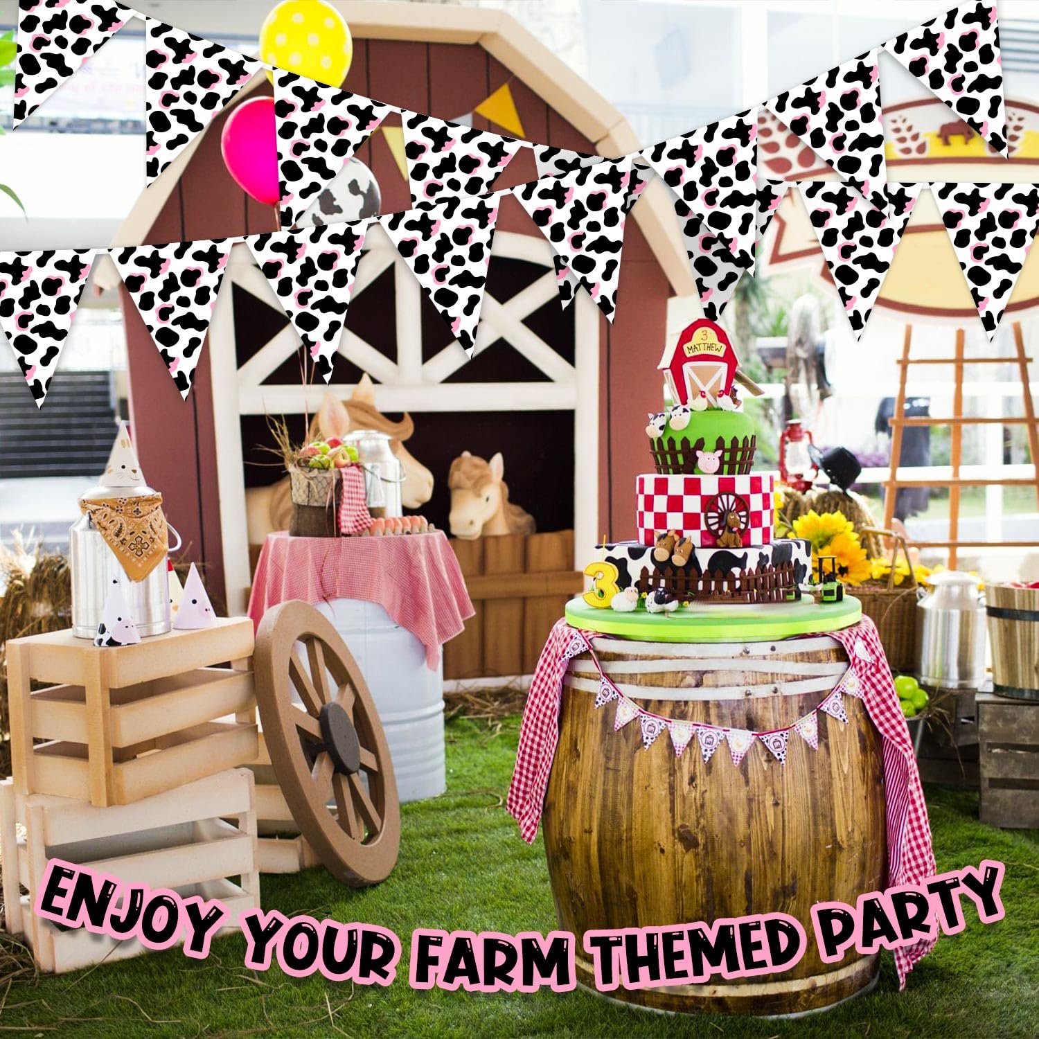 6 Stück Wimpel-Girlande Mit Kuh-Muster - Rosa-schwarz, Für Western-Party, Baby-Shower, Deko