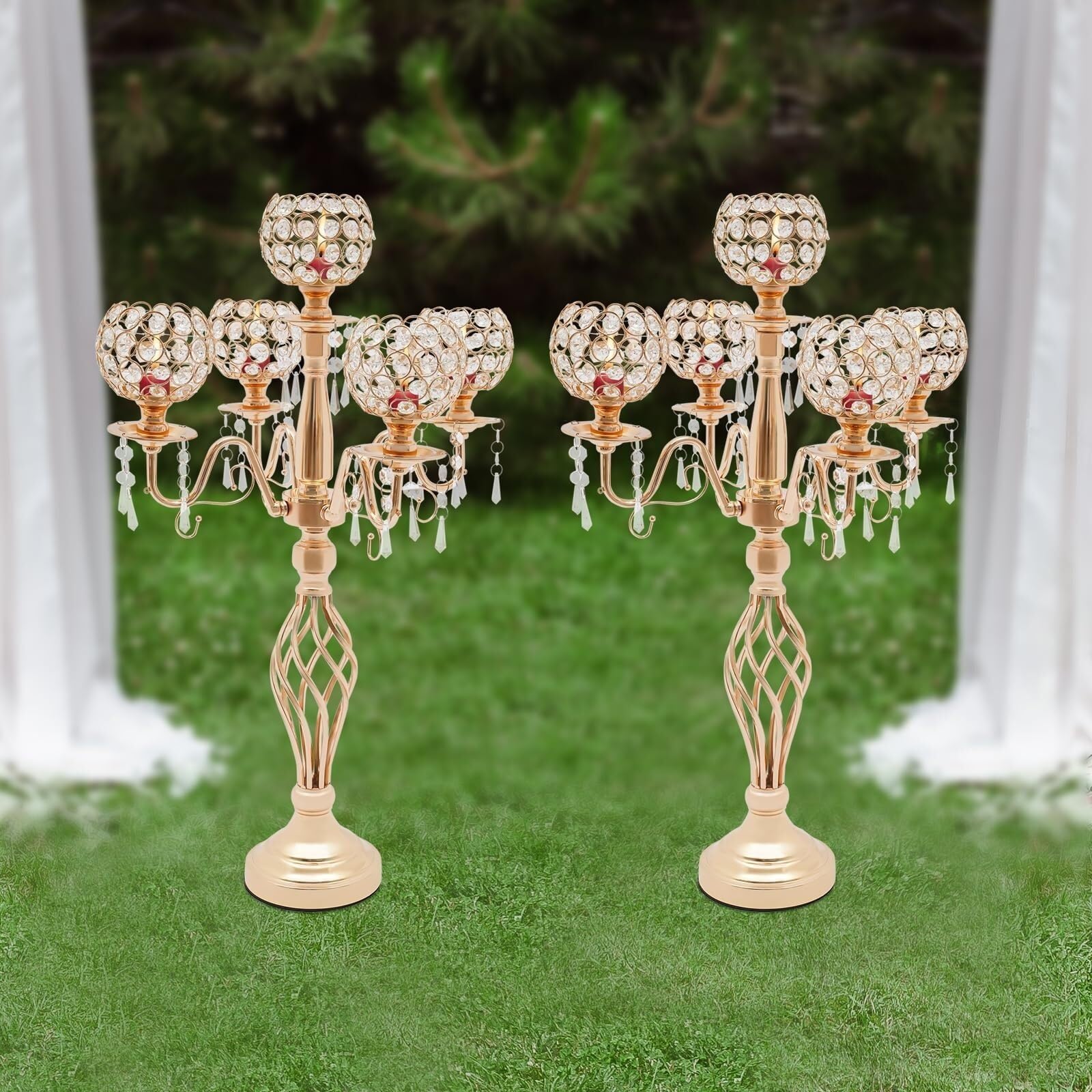 Candelabro Alto De Cristal De 5 Brazos Elegante Centro De Mesa For Bodas Navidad Y Fiestas con Candelabros A Juego(Gold,2pcs)