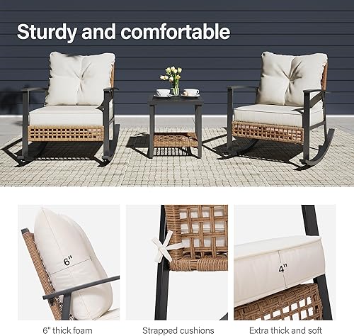 Miniatura 6 de LAUSAINT HOME Juego de 3 piezas de patio bistró mecedor, juegos de bistró al aire libre, muebles de mimbre para patio, sillas mecedoras y mesa