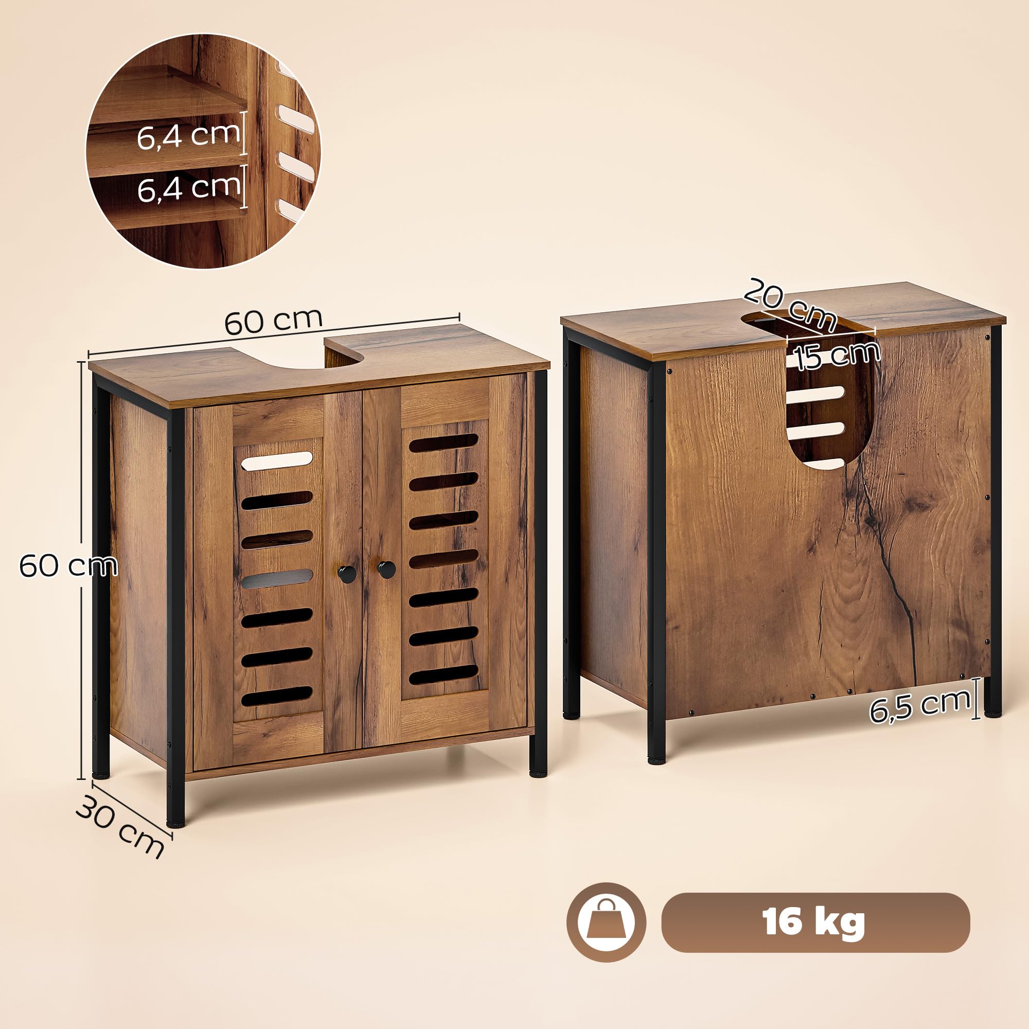 HOMCOM Mueble Bajo Lavabo Industrial con 2 Puertas de Lamas y Cierre Magnético, Estante Regulable, para Lavabos sin Pedestal, Mueble de Baño 60x30x60 cm Marrón Rústico
