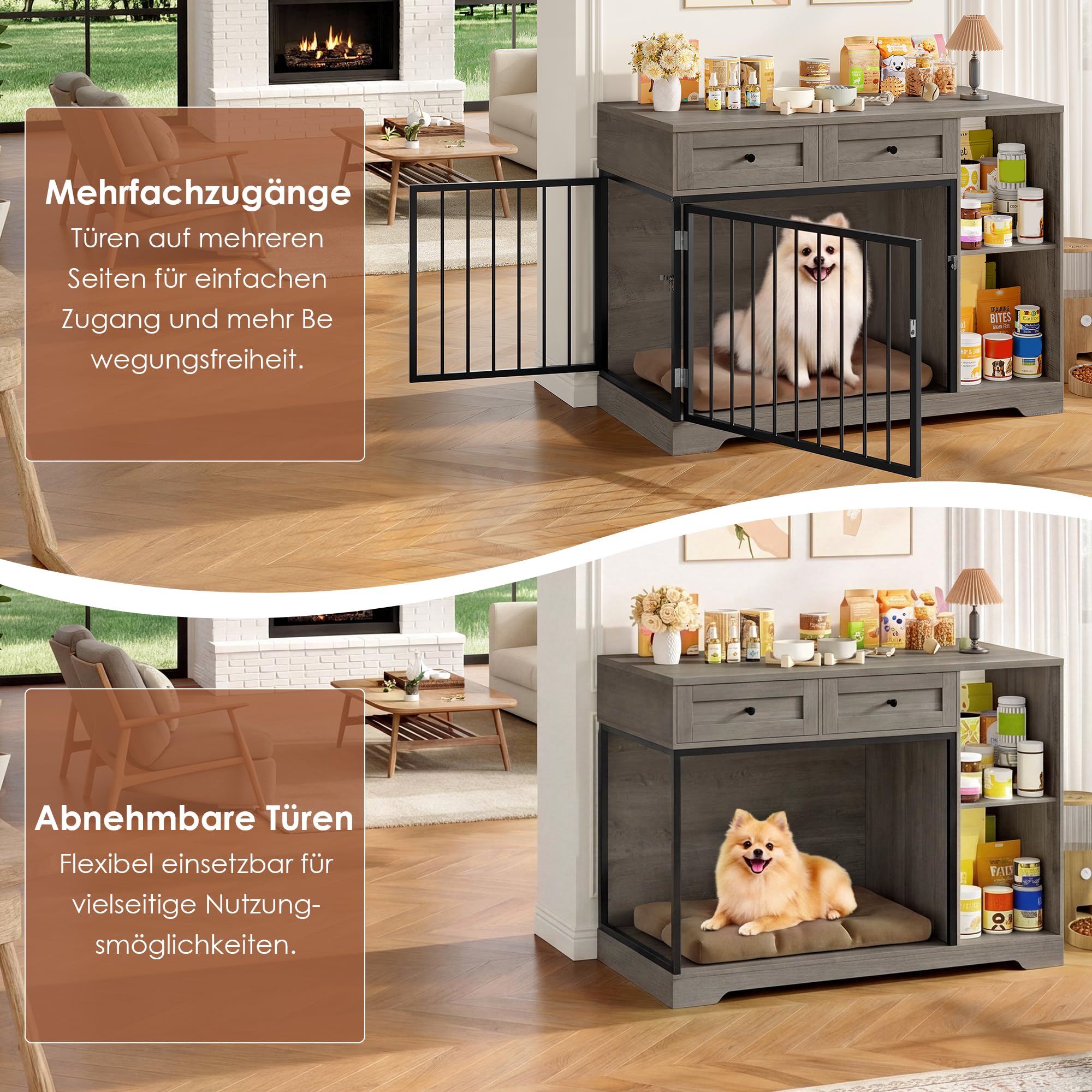 FirFurd Hundebox für kleine Hunde Hundekäfig Möbel mit Schubladen & 2 Türen | Hundebox für Zuhause, Hundekäfig aus Metall und Holz, Hundehütte Indoor, Hundehaus, Tierhaus, 120x87x60cm, Braun & Schwarz