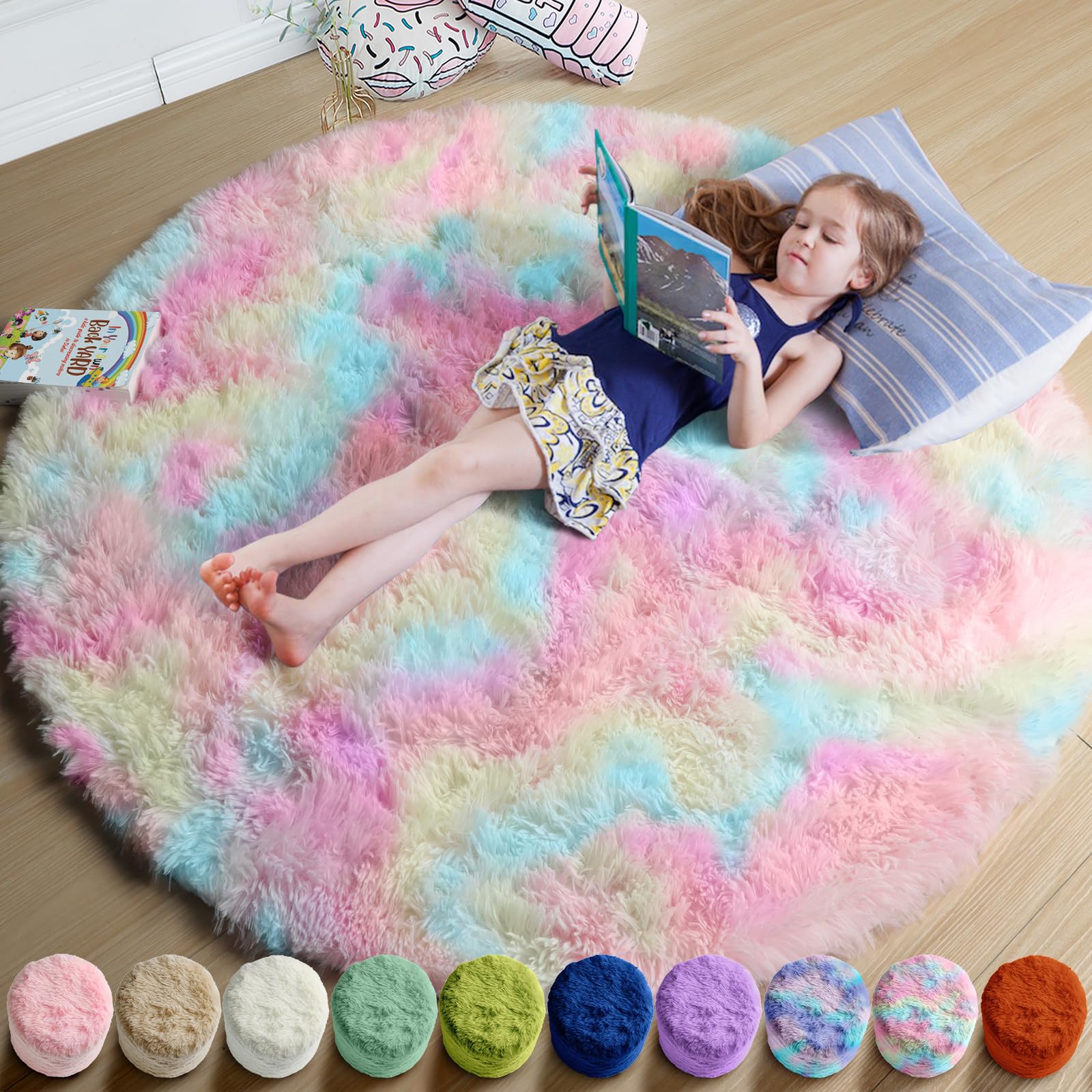 Amdrebio Rainbow Fluffy Round Rug 4Ft Kids Rugs for Girls Bedroom, Unicorn Room Decor, Colorful Pastel Shag Carpet for Preppy Dorm, Cute Fuzzy Kawaii Circle Area Rug, Soft Play Mat for Baby Nursery