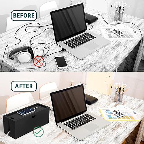 Miniatura 4 de Caja de organización de cables de bambú, caja organizadora de cables grande para ocultar cables y tiras de alimentación para almacenamiento de