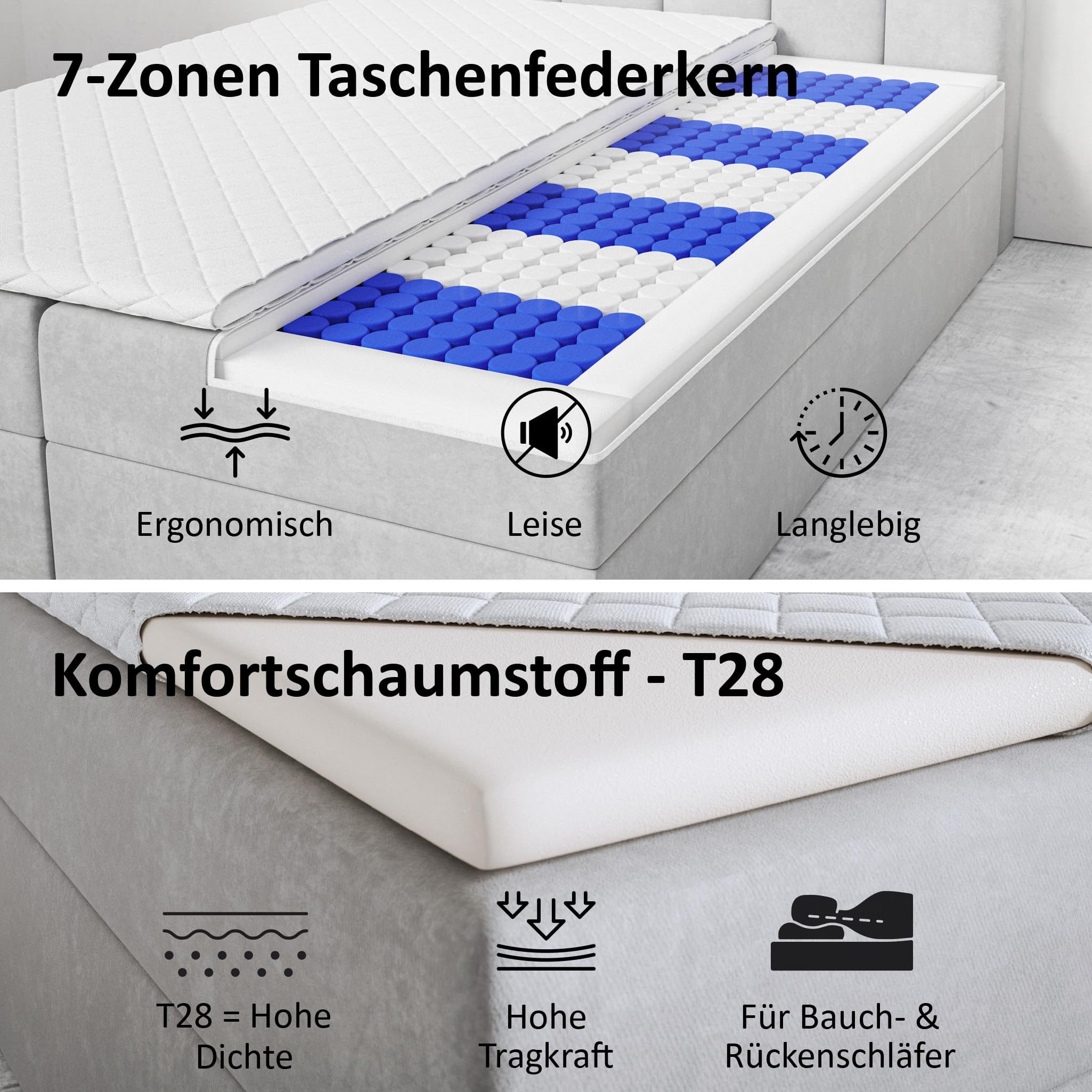 MOTIVENA Santiago Boxspringbett 180x200 Beige Samt, mit Taschenfederkern-Matratze (H3), mit T28 Komfortschaumstoff Topper (H3), Boxspringbett 180x200 mit Bettkasten Beige (Dunkelbeige)