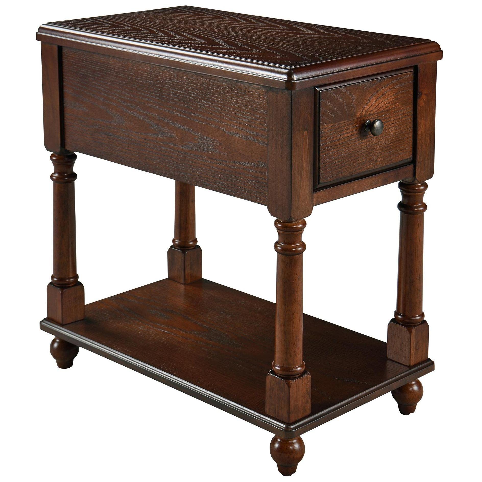 LEEMTORIG Narrow End Table with Drawer, Solid Wood 2 Tier End Side Table with Storage Shelves, Slim Nightstand for Small Spaces, Living Room, Bedroom, Easy Assembly, Rustic Brown BBJ-004-DWA