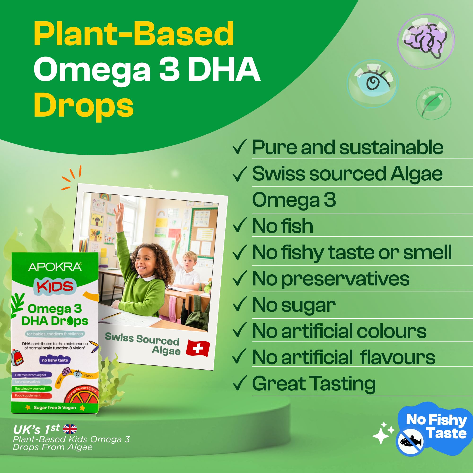 Omega 3 Vegano de DHA para Niños - 50mL - Sin Sabor a Pescado - Sin Conservantes y Sin Azúcar. Alternativa Sostenible de Algas al Aceite de Pescado | APOKRA Kids