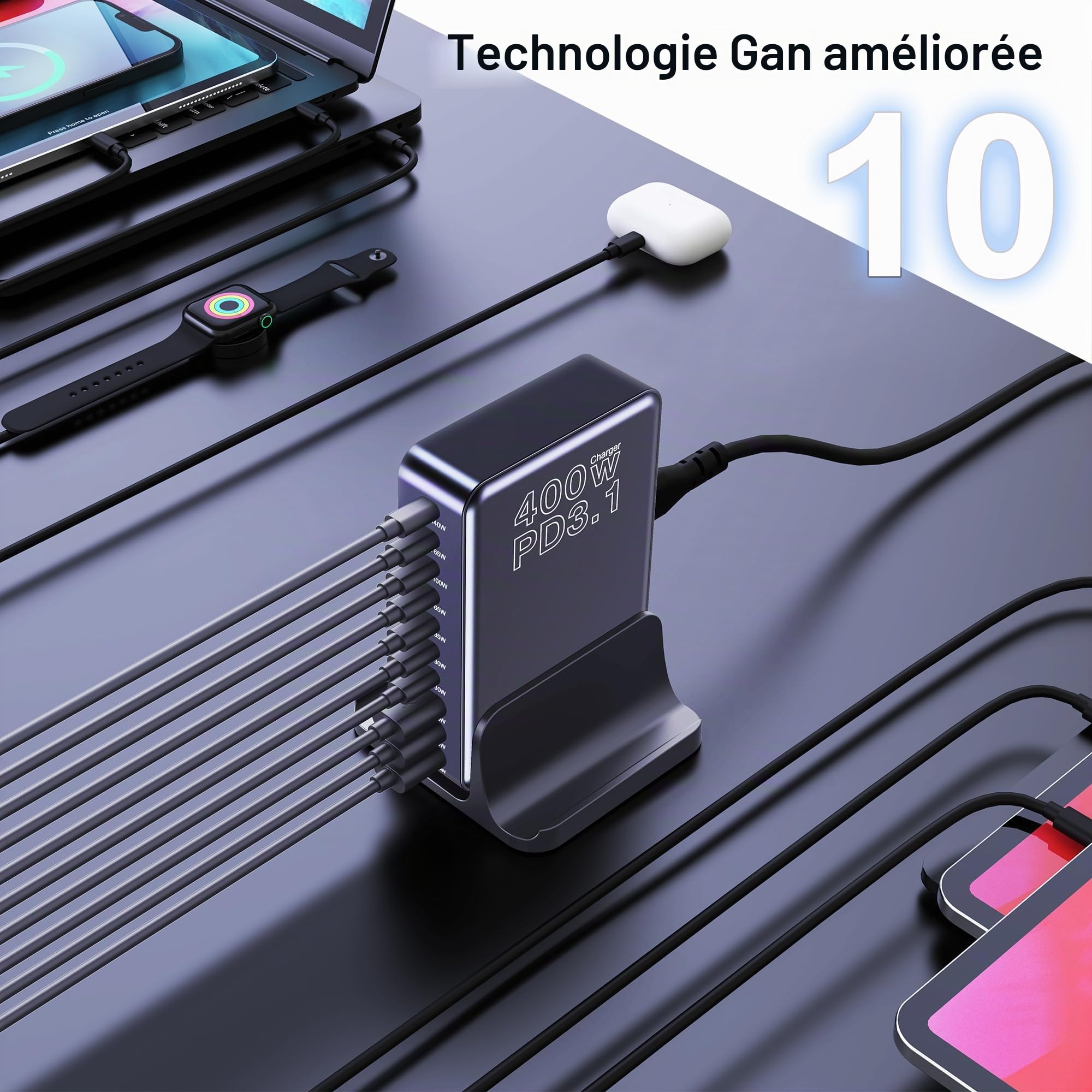 400W Chargeur USB C avec 10 Ports GaN Tech, 140W Chargeur Rapide PD3.1 QC PPS Prise USB C Multiple Station de Charge Compatible avec MacBook Pro/Air Laptop, iPhone, iPad Pro, Galaxy, SteamDeck-Noir