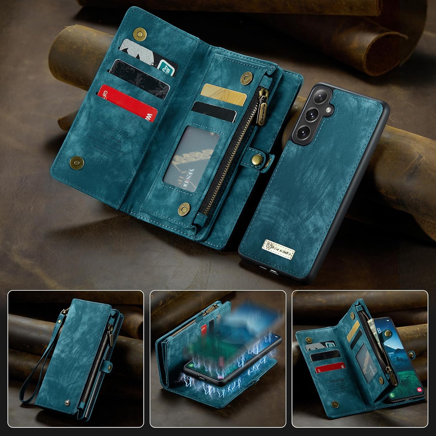 Kowauri Wallet Case for Samsung Galaxy S25, Zipper Purse Folio Leather Wallet with Card Holder Wrist Strap Detachable Magnetic Shockproof Protective Back Case for Samsung Galaxy S25 (Blue) - Image 8