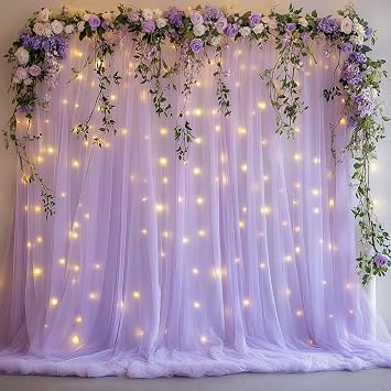 Tulle Curtain Backdrop with 300 LED Fairy Lights for Parites Wrinkle-Free Sheer Curtain Drapes Photo Back Drop for Wedding Baby Shower Bridal Shower Birthday Home Decor - 10ft10ft, Lavender