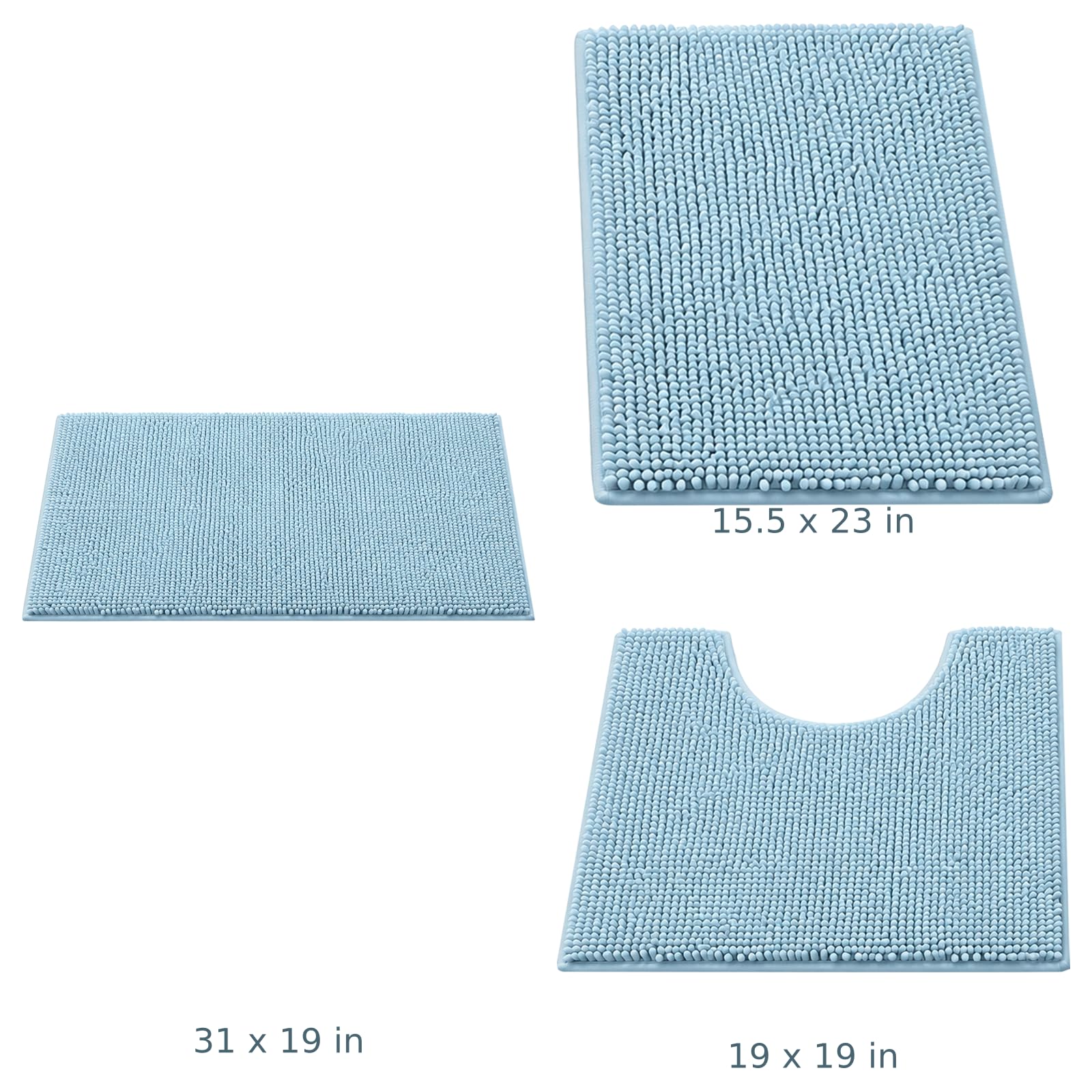 Lot de 3 Tapis de Bain en Chenille Bleu Ciel, Grand 31 x 19 in / 78,7 x 48,3 cm, modèle en U 19 x 19 in / 48,3 x 48,3 cm, Petit 15,5 x 23 in / 39,4 x 58,4 cm, Base antidérapante, Ultra Doux