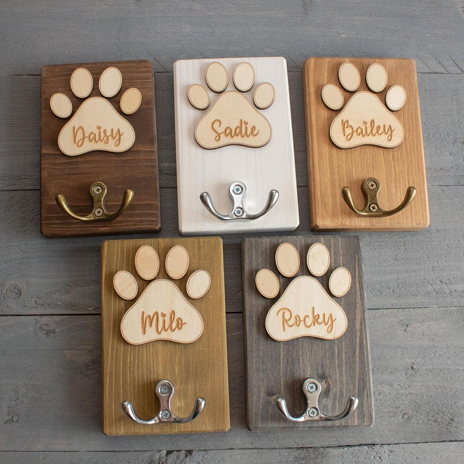 Herstl Brown Personalized Dog Lead Holder, Wooden Paw Print Pet Leash Hook, Dog Collar & Coats Organizer For Entryway, Wall-Mounted Storage Rack For Pet Lovers Gifts, Keepsake, Home Decor(Brown)